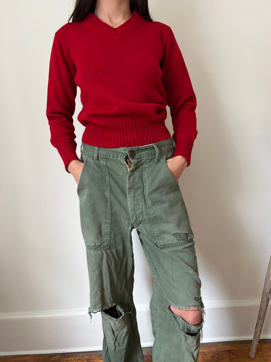 Cherry Red Wool V Neck Sweater