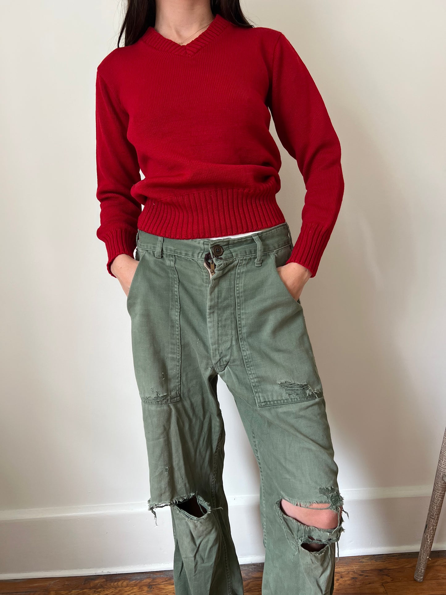 Cherry Red Wool V Neck Sweater