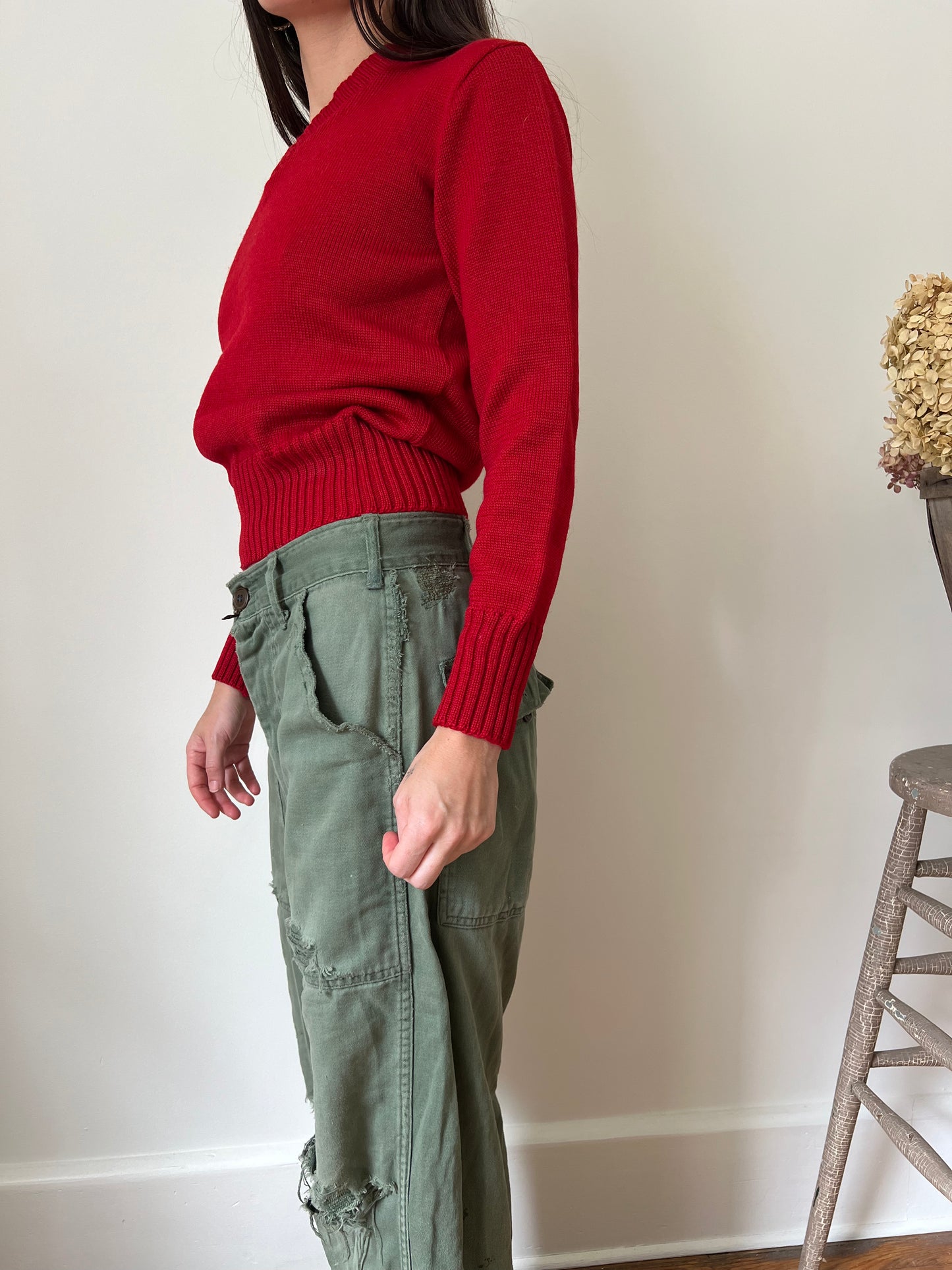 Cherry Red Wool V Neck Sweater