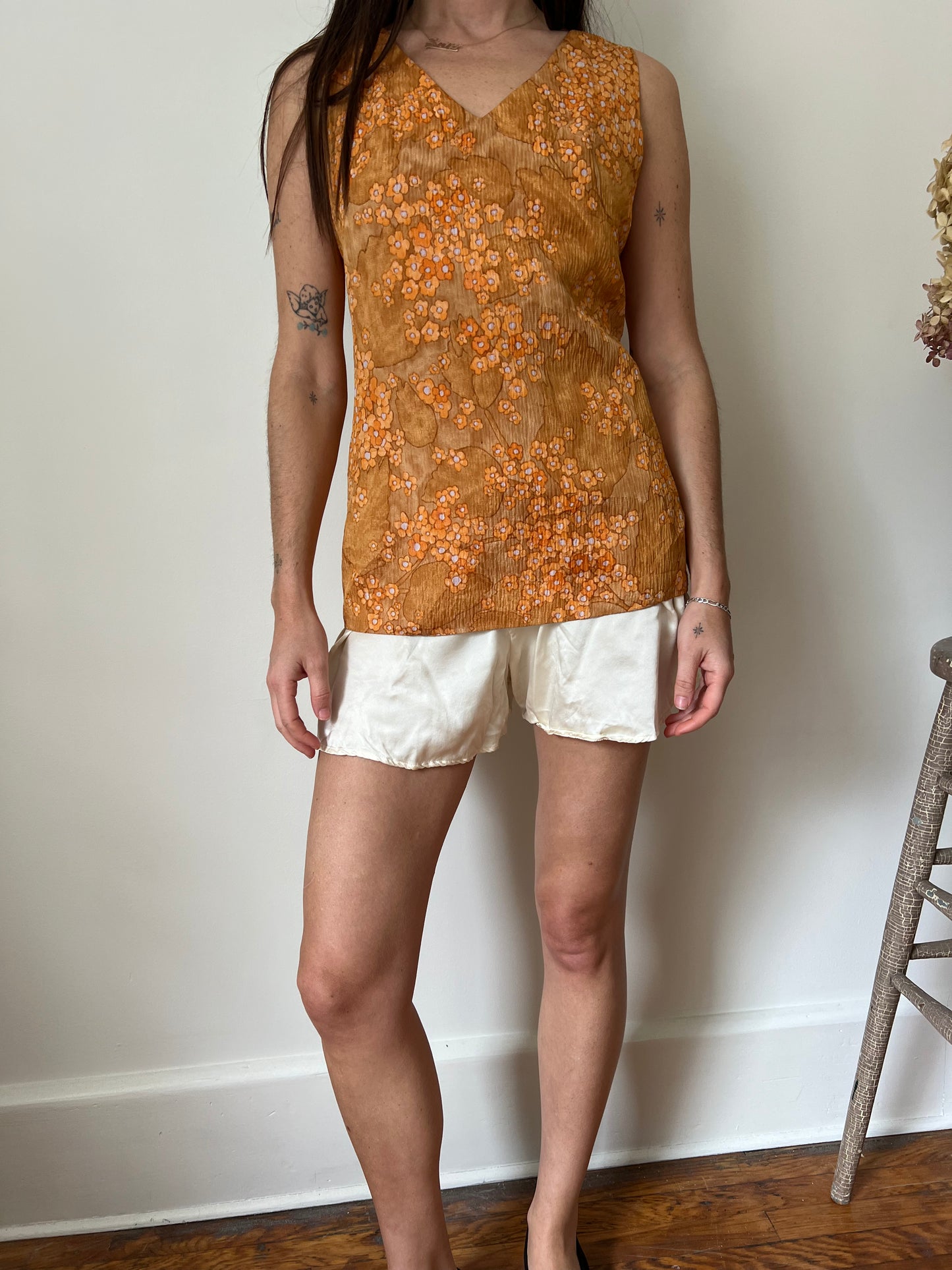 70s Orange Floral Tank Blouse