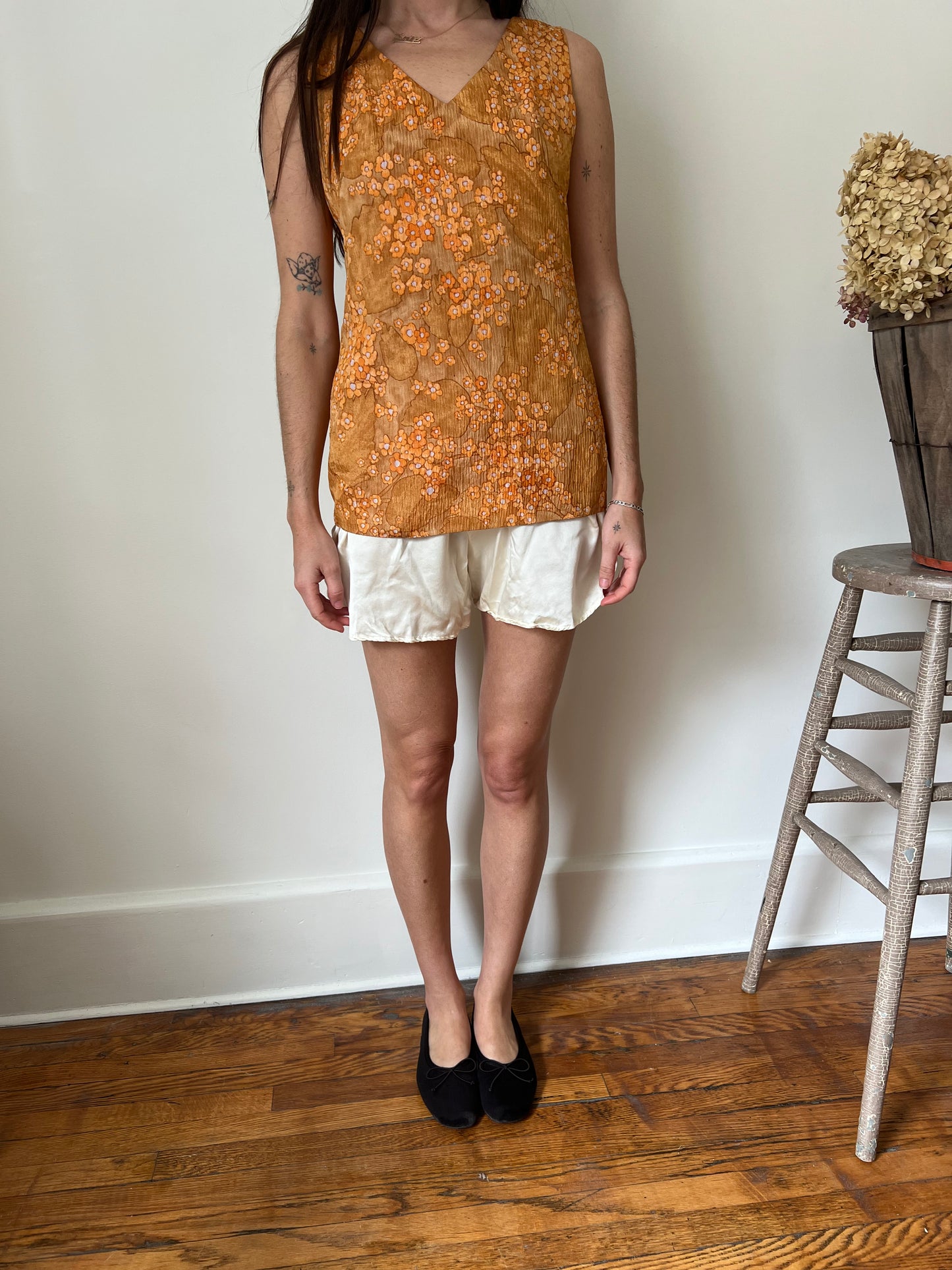70s Orange Floral Tank Blouse