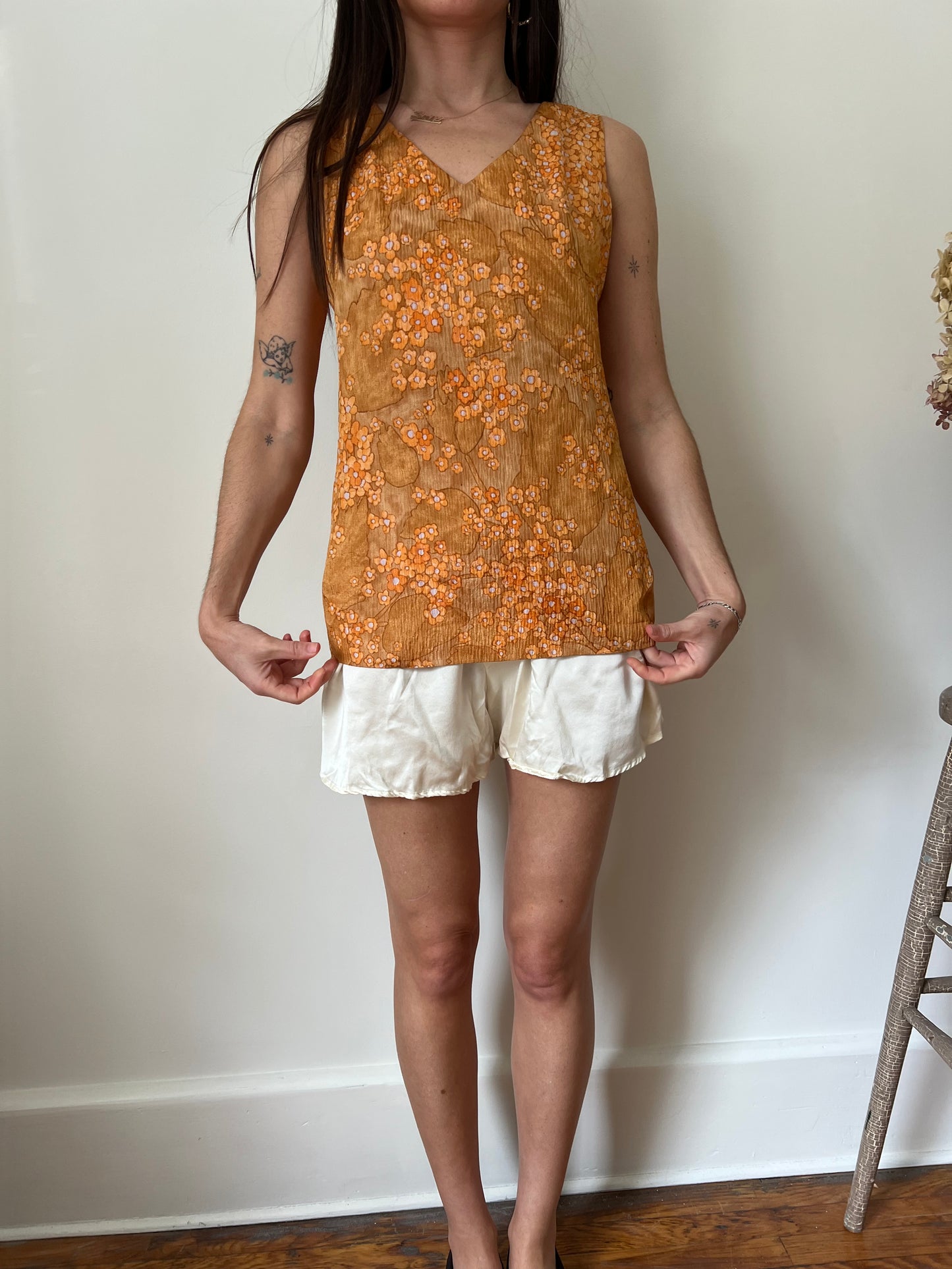 70s Orange Floral Tank Blouse