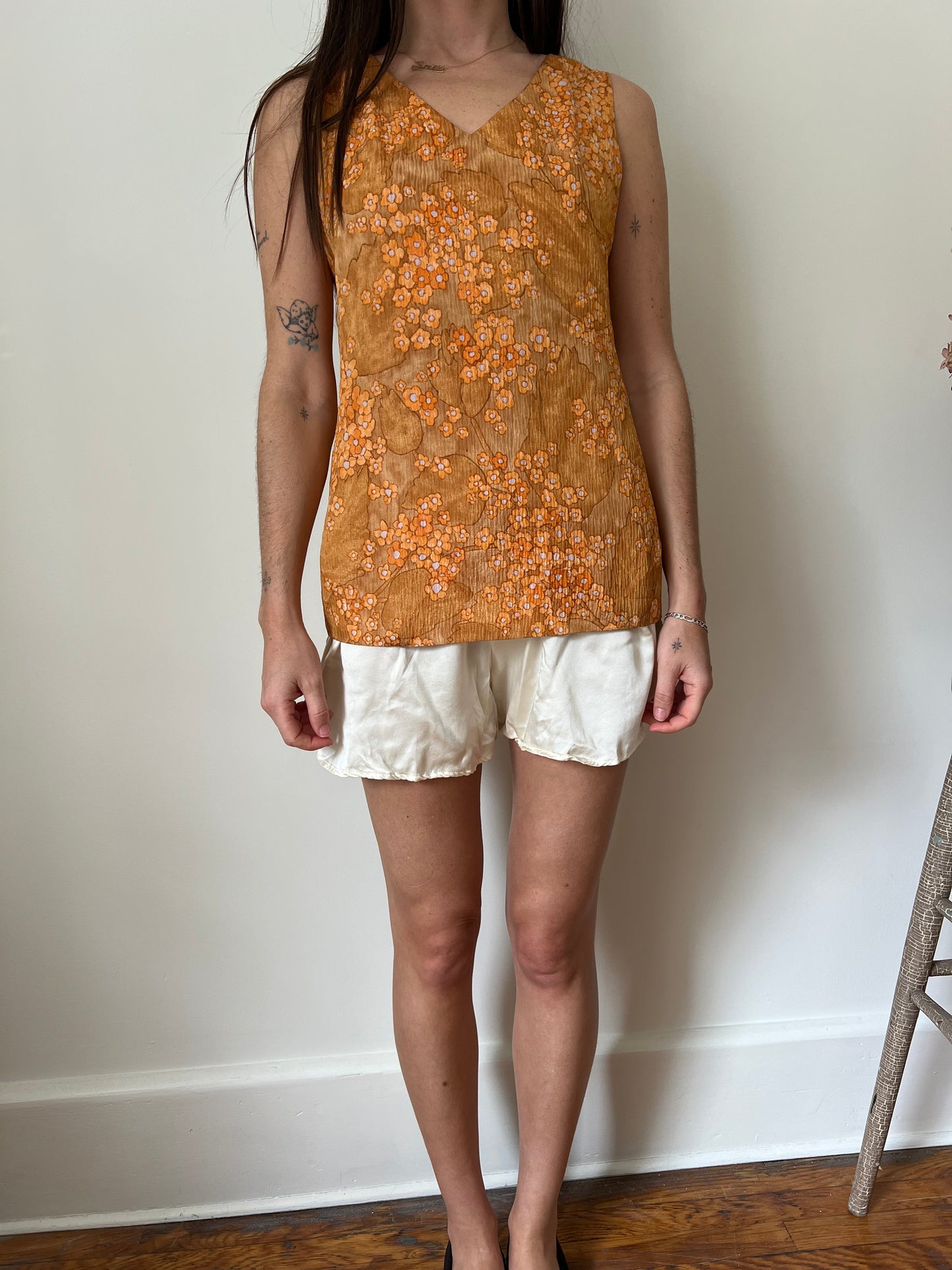 70s Orange Floral Tank Blouse