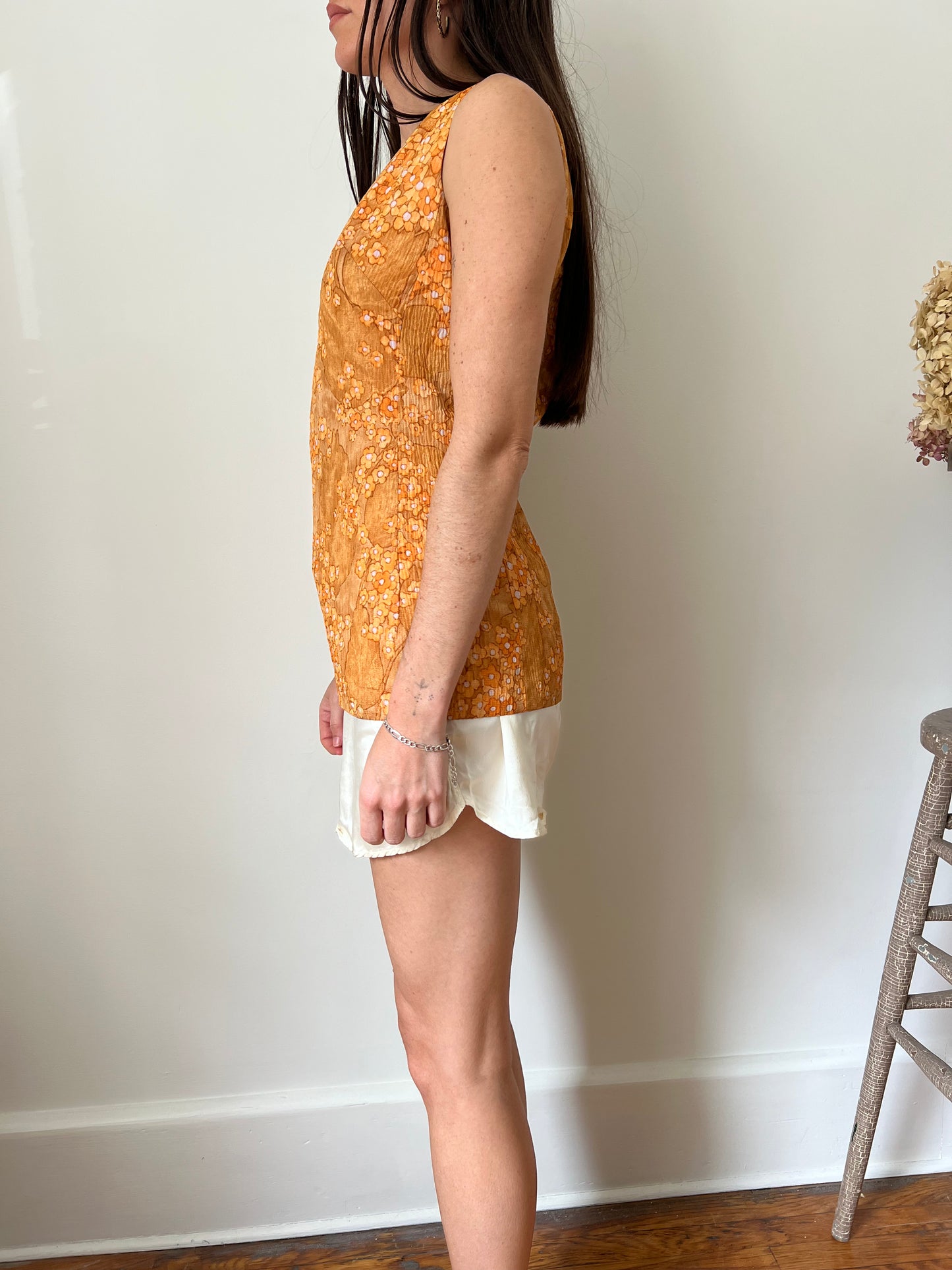 70s Orange Floral Tank Blouse
