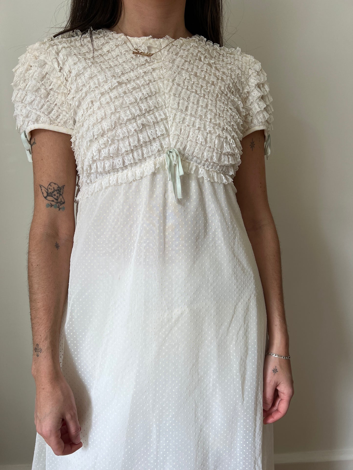 Lace with Mint Bow Wedding Dress
