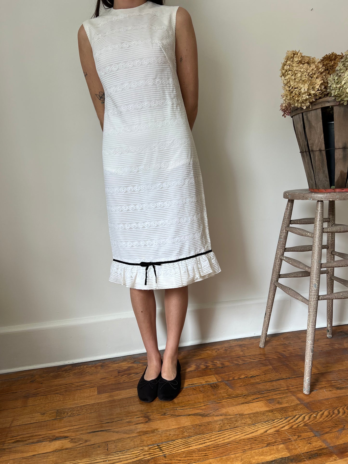 White Lace Dress with Black Velvet Bow