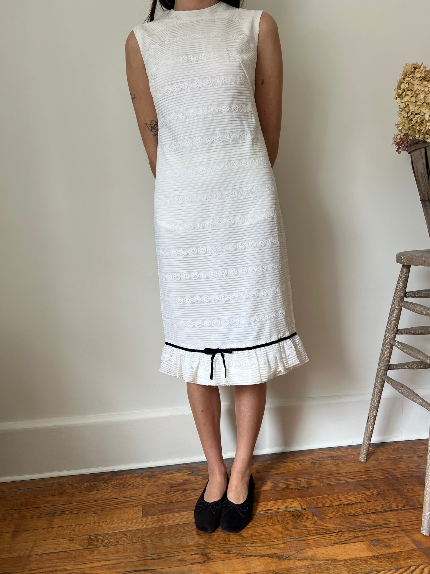 White Lace Dress with Black Velvet Bow