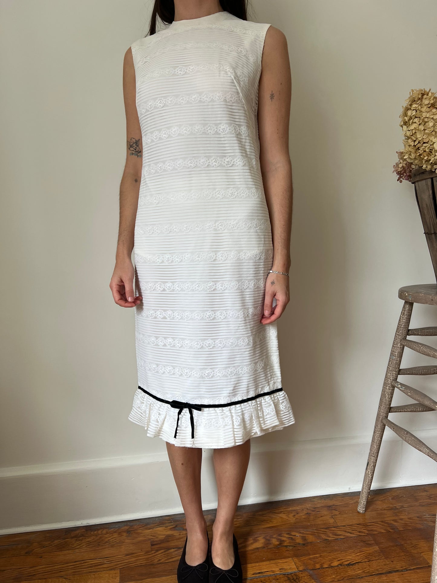 White Lace Dress with Black Velvet Bow