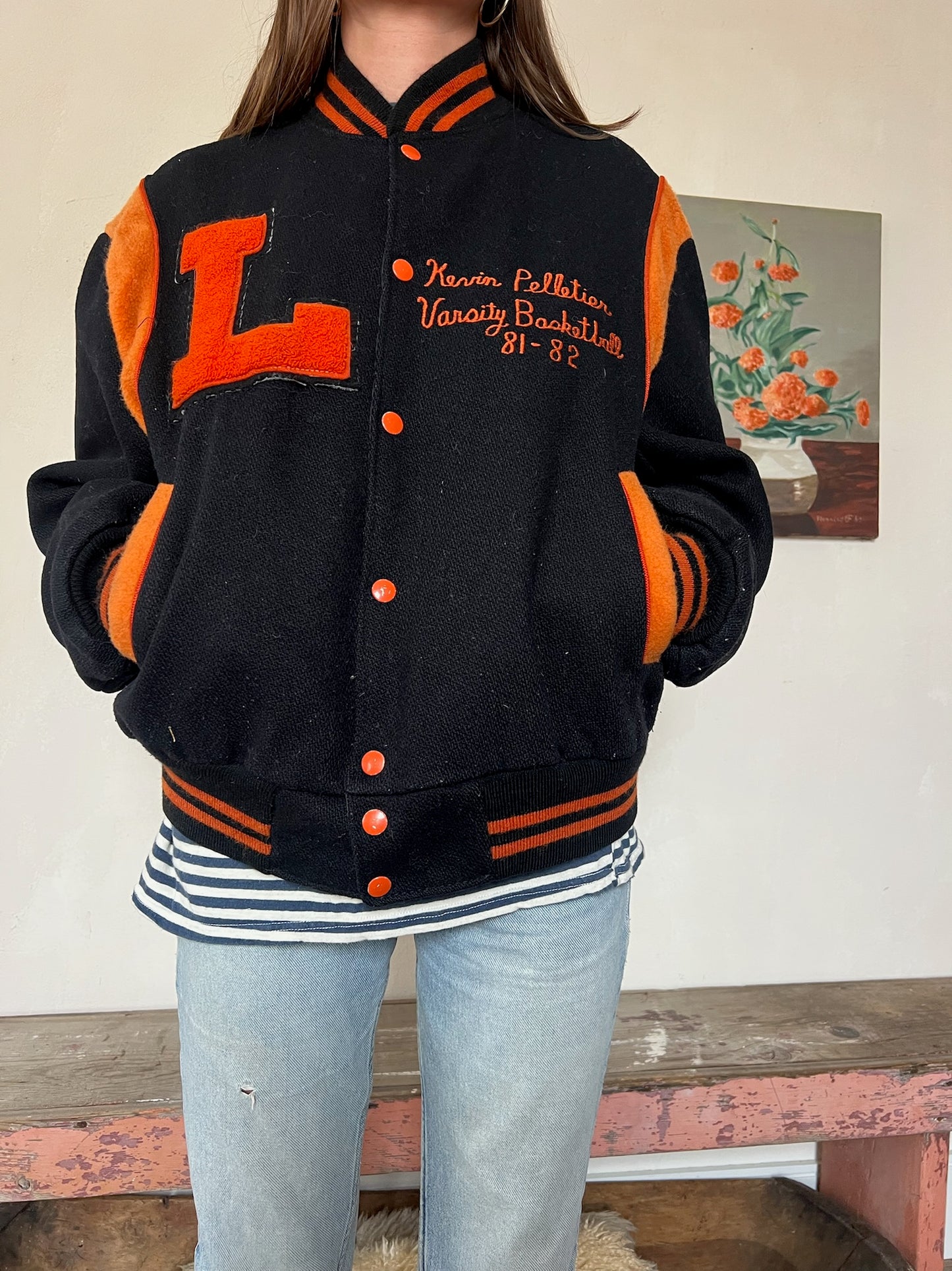 1980s Black and Orange Varsity Jacket