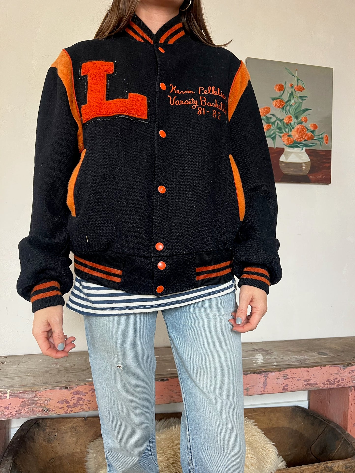 1980s Black and Orange Varsity Jacket