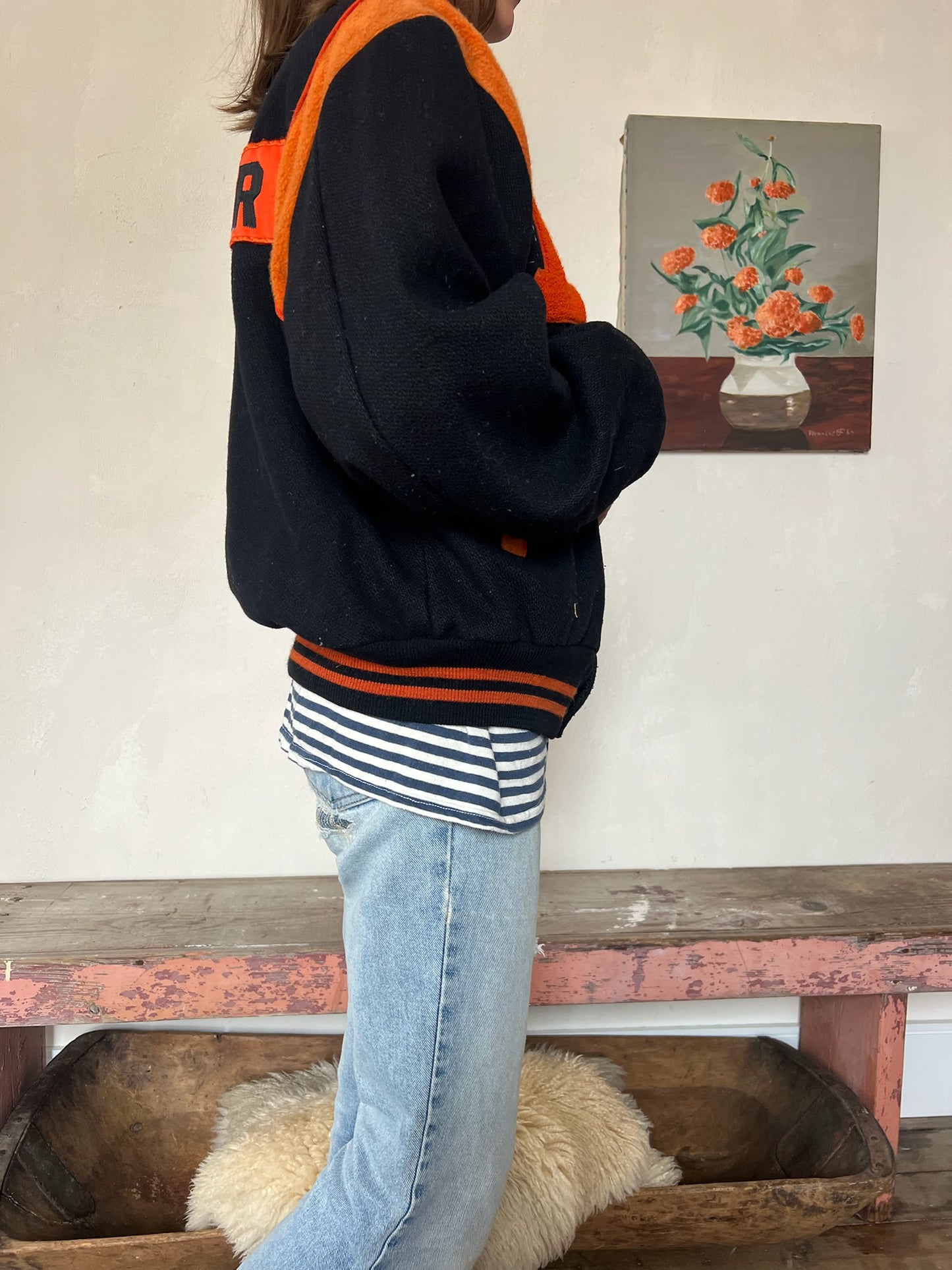 1980s Black and Orange Varsity Jacket