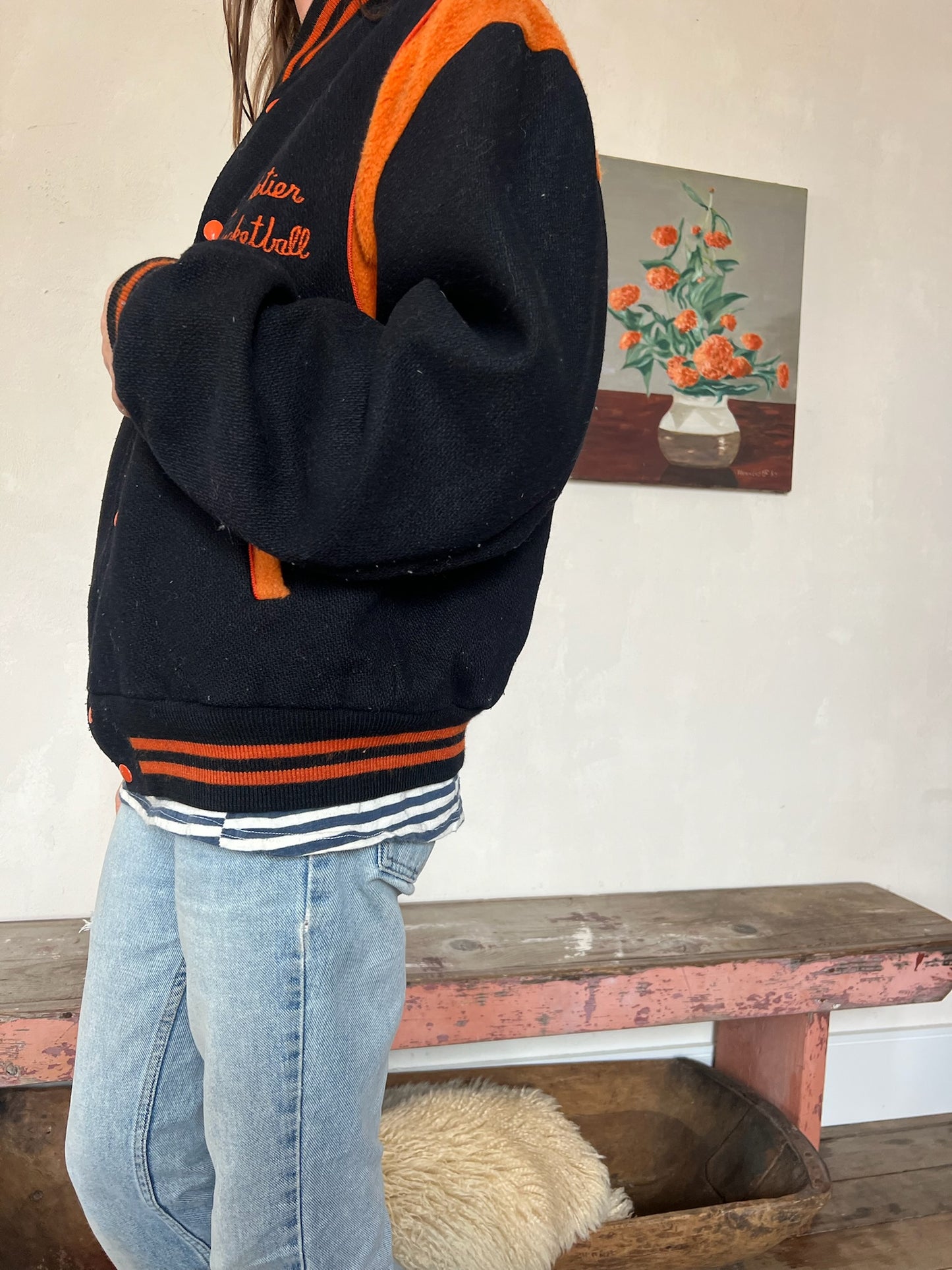 1980s Black and Orange Varsity Jacket