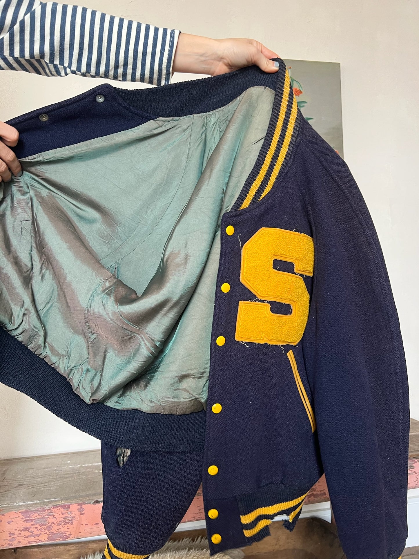 Navy Wool Faded Varsity Jacket