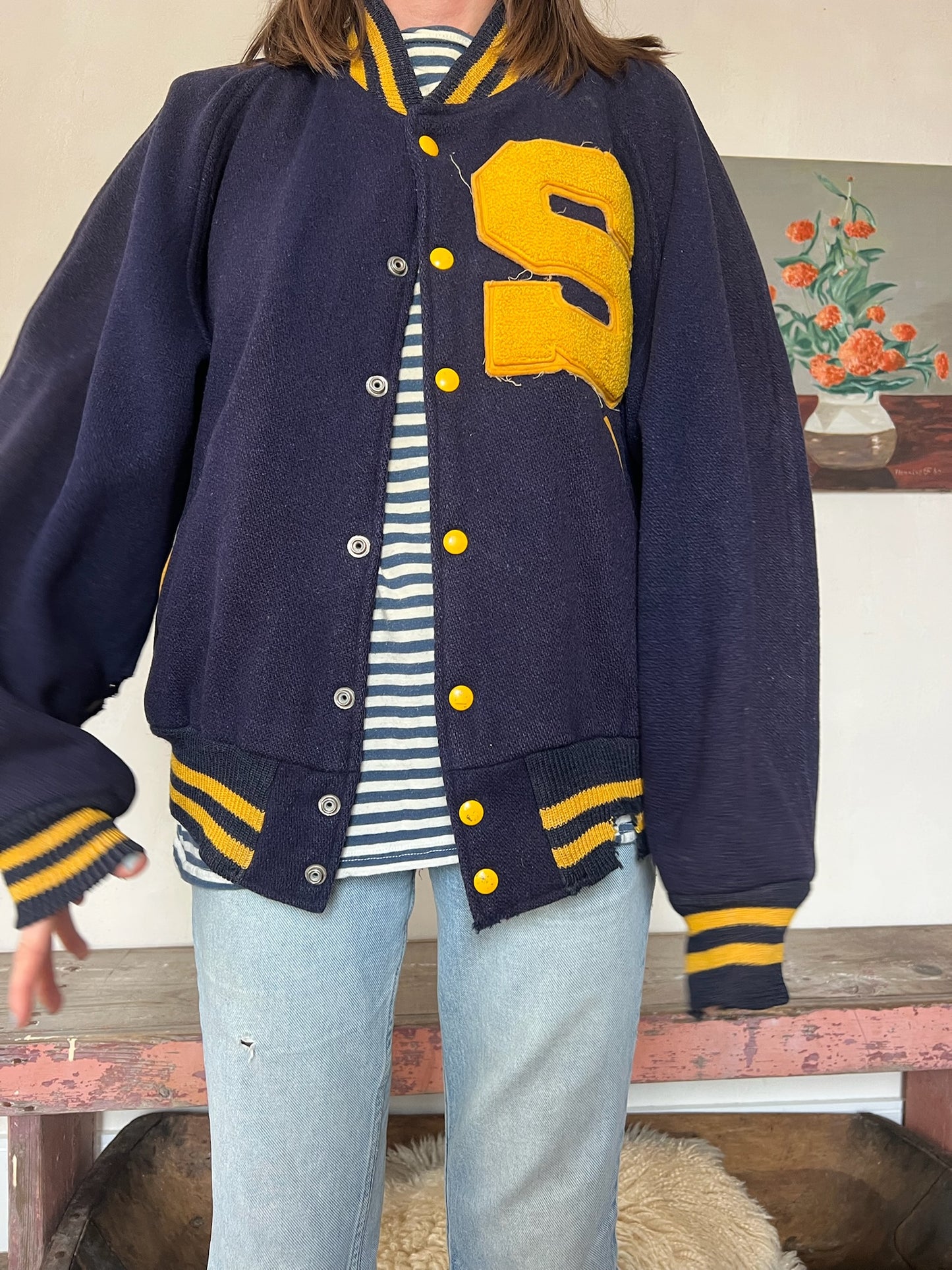 Navy Wool Faded Varsity Jacket