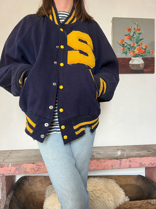 Navy Wool Faded Varsity Jacket