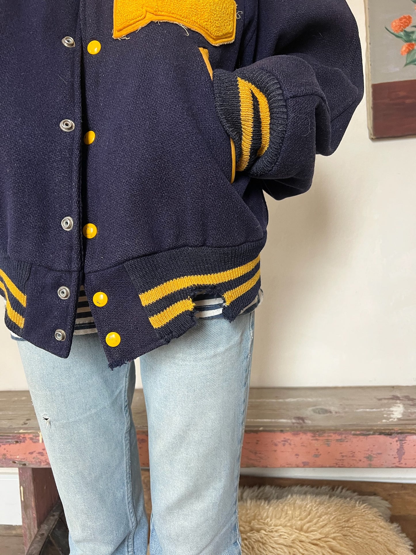 Navy Wool Faded Varsity Jacket