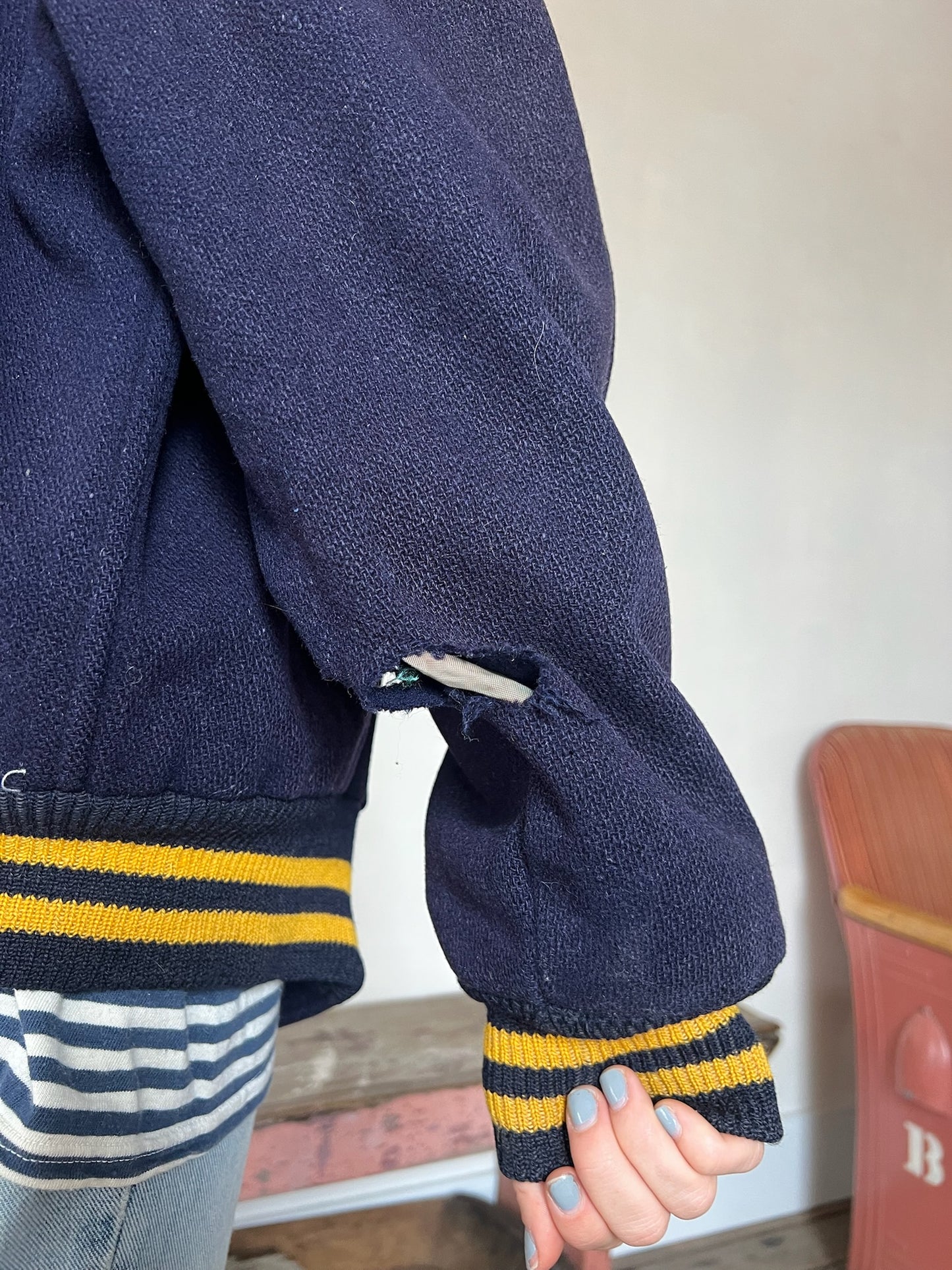 Navy Wool Faded Varsity Jacket