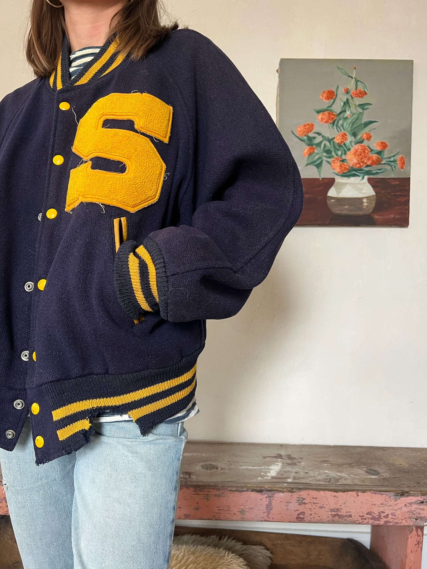 Navy Wool Faded Varsity Jacket