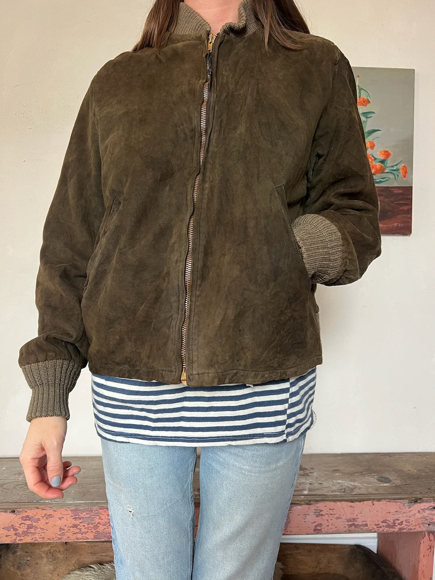 Chocolate Brown Suede Bomber Jacket