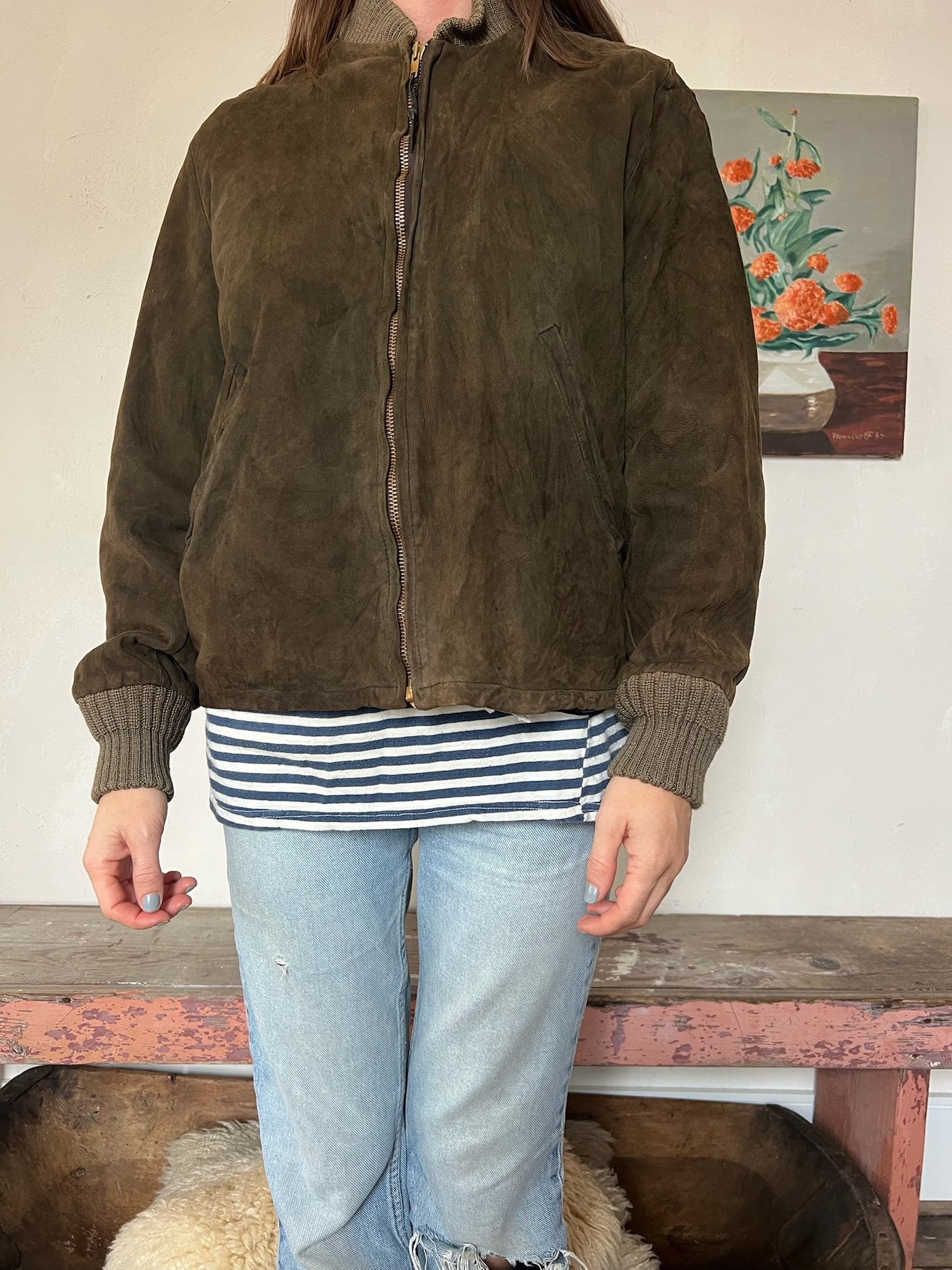 Chocolate Brown Suede Bomber Jacket