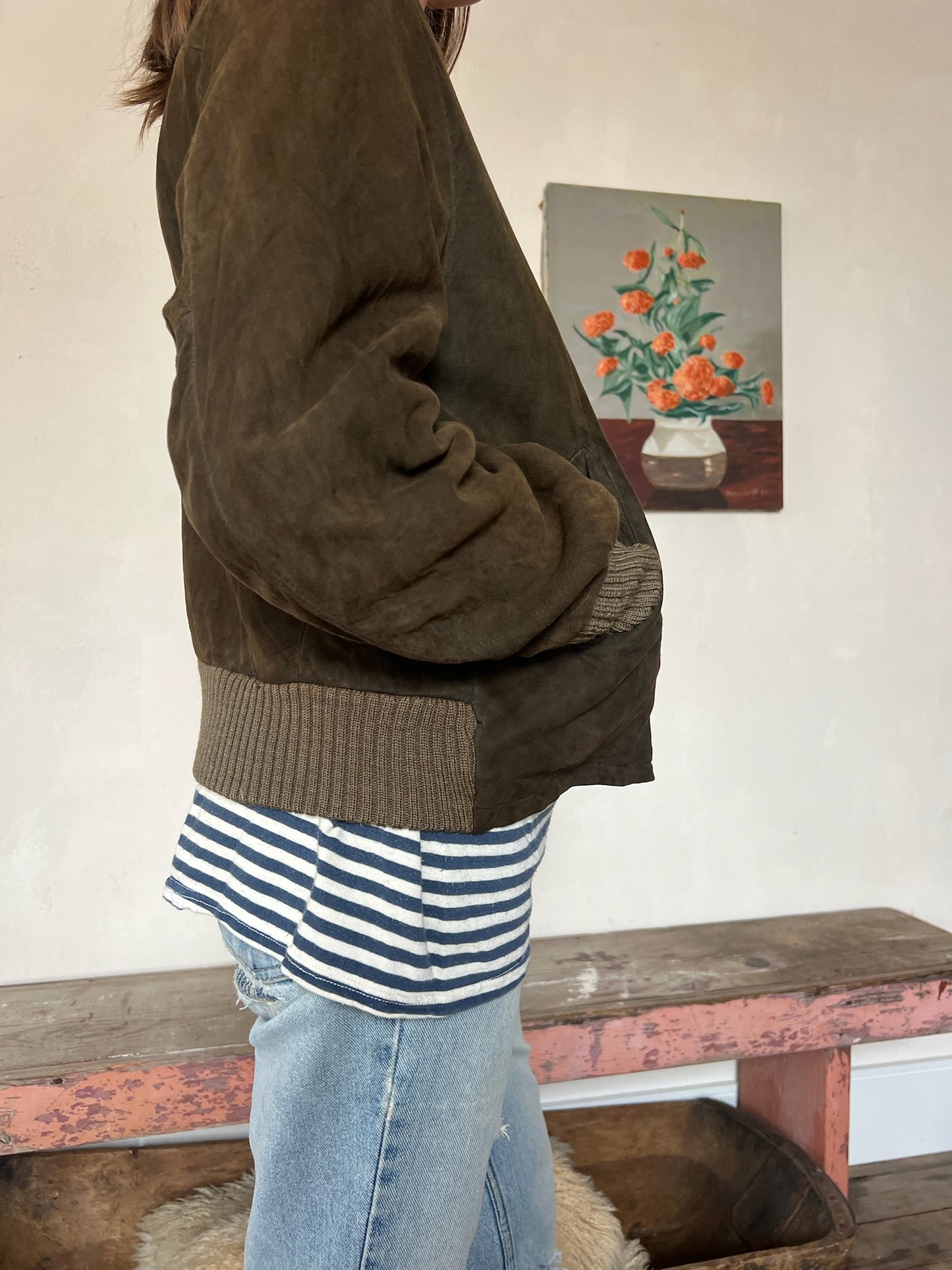 Chocolate Brown Suede Bomber Jacket