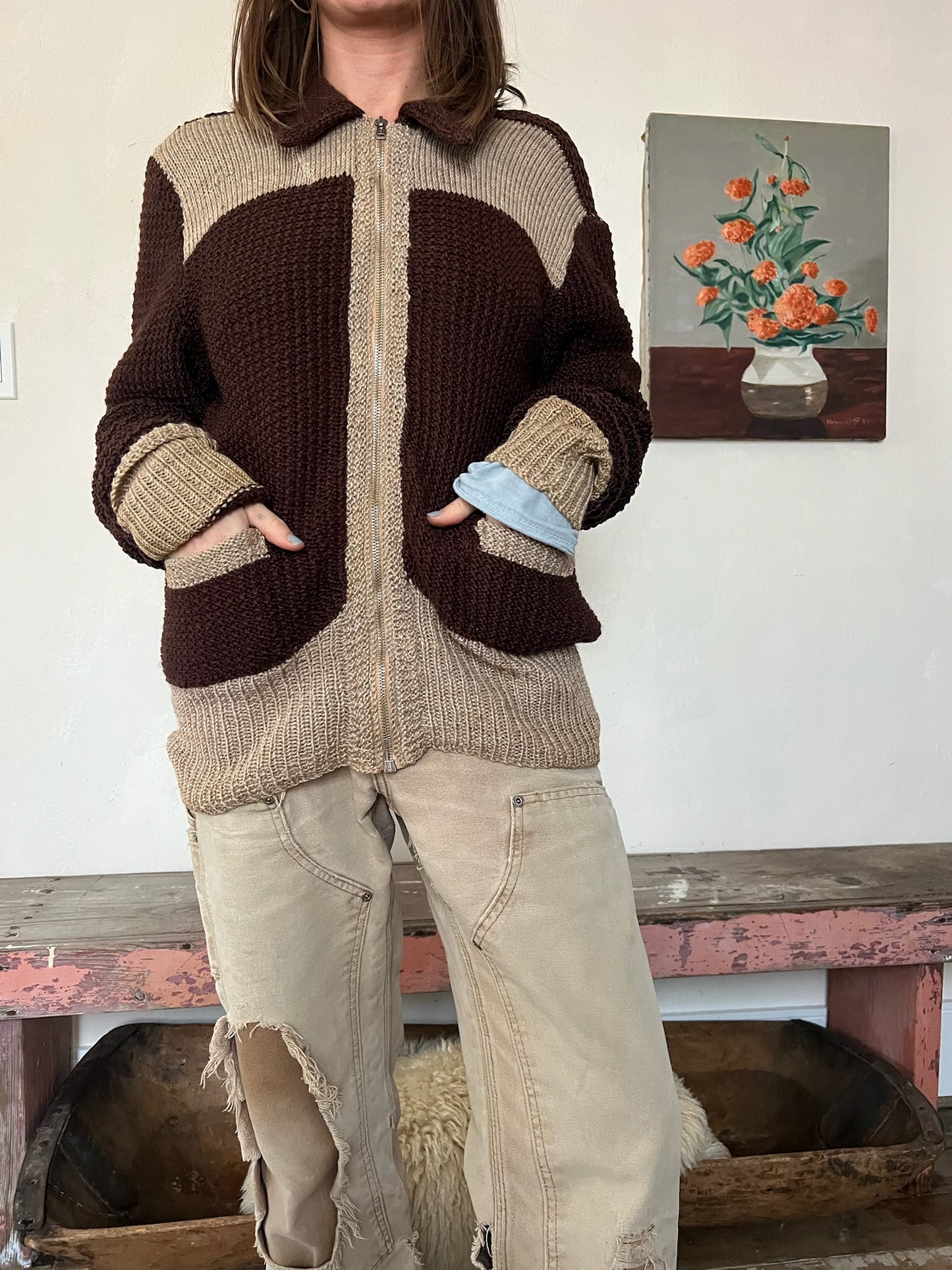 70s Brown Knit Zip Up Sweater