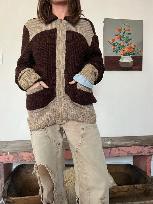70s Brown Knit Zip Up Sweater