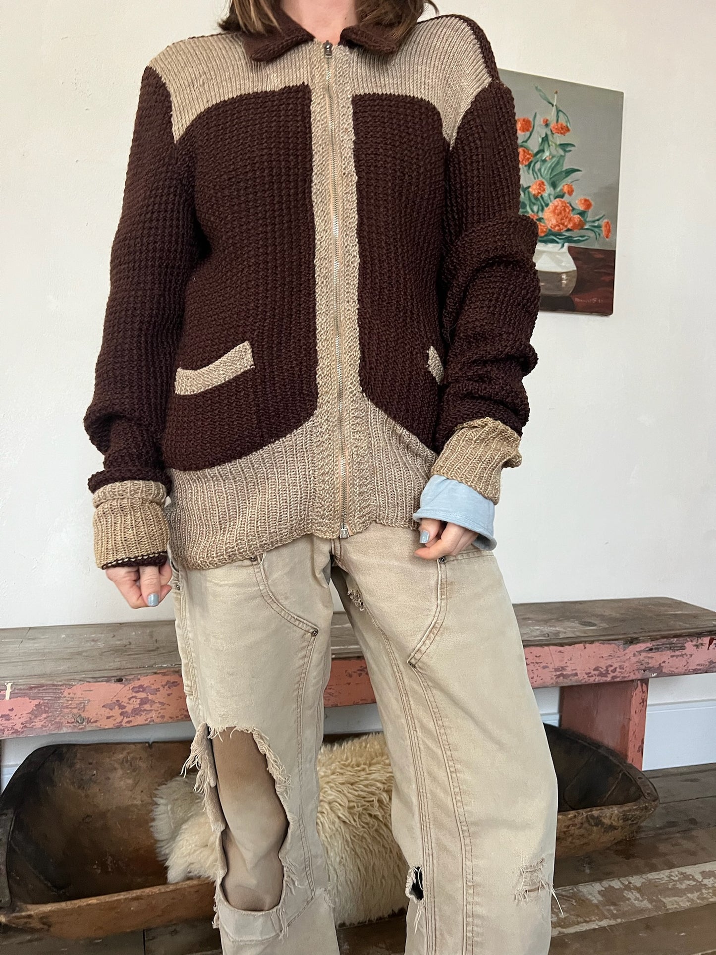 70s Brown Knit Zip Up Sweater