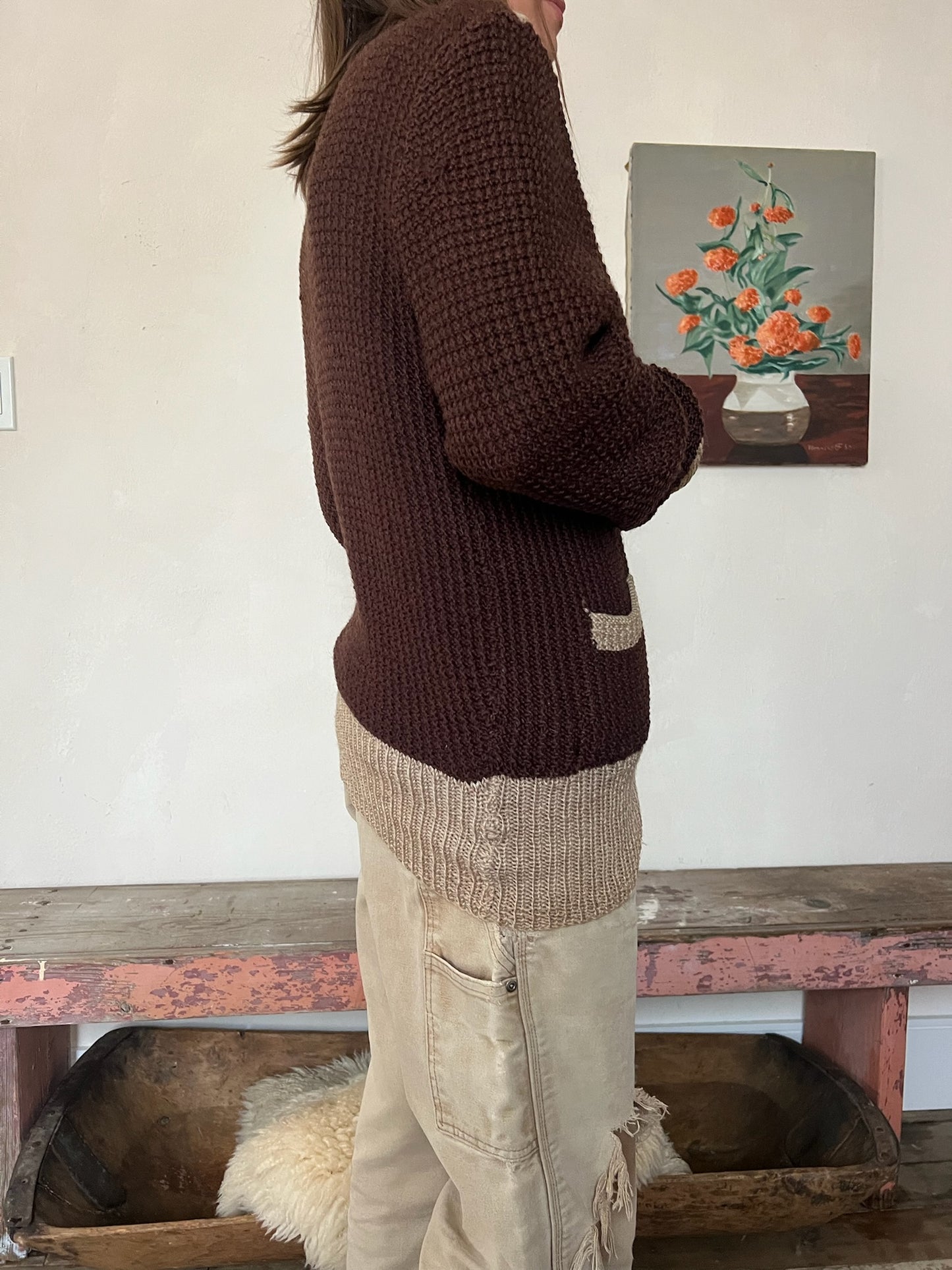 70s Brown Knit Zip Up Sweater