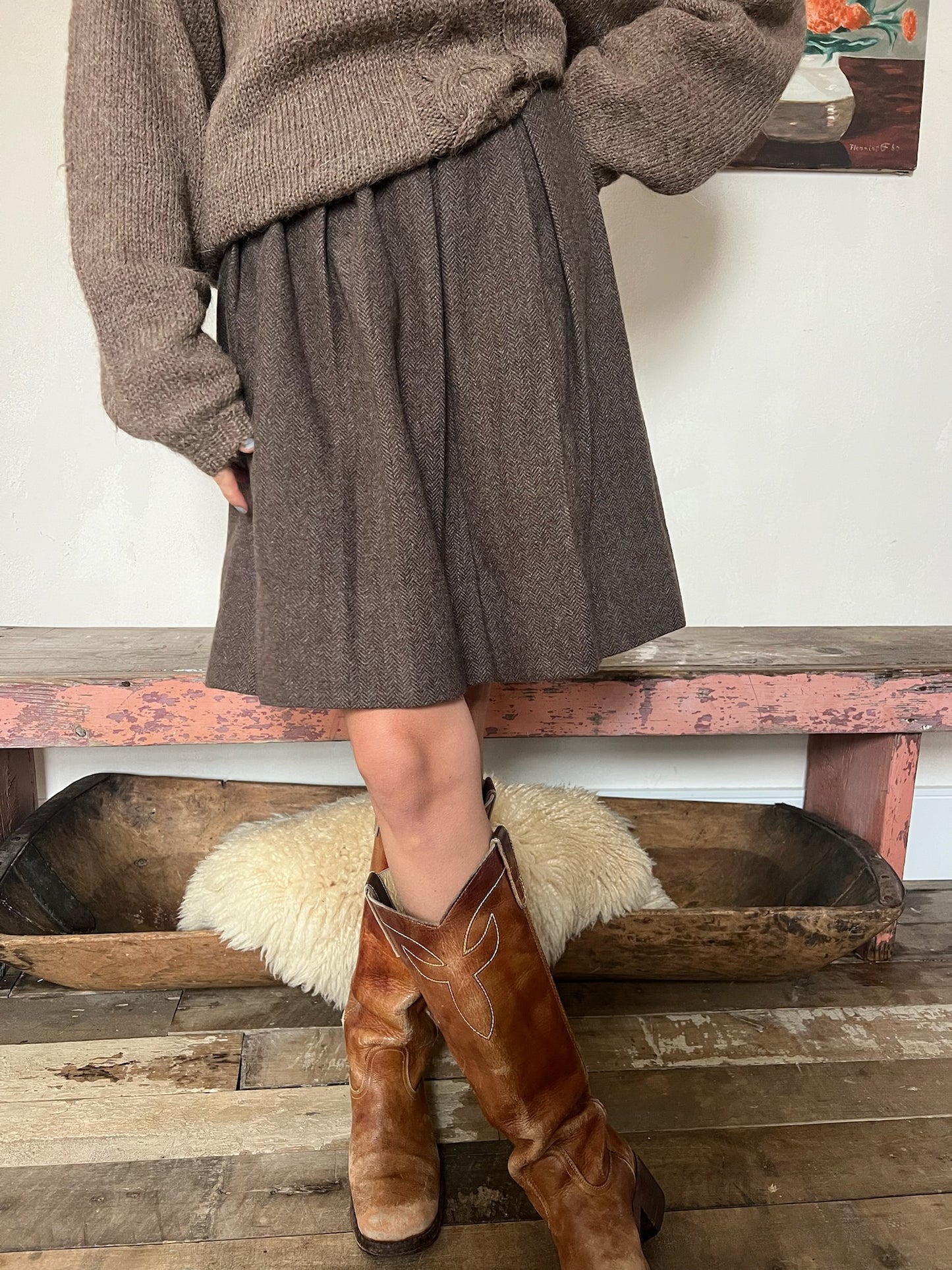 Brown Wool Twill Pleated Kilt