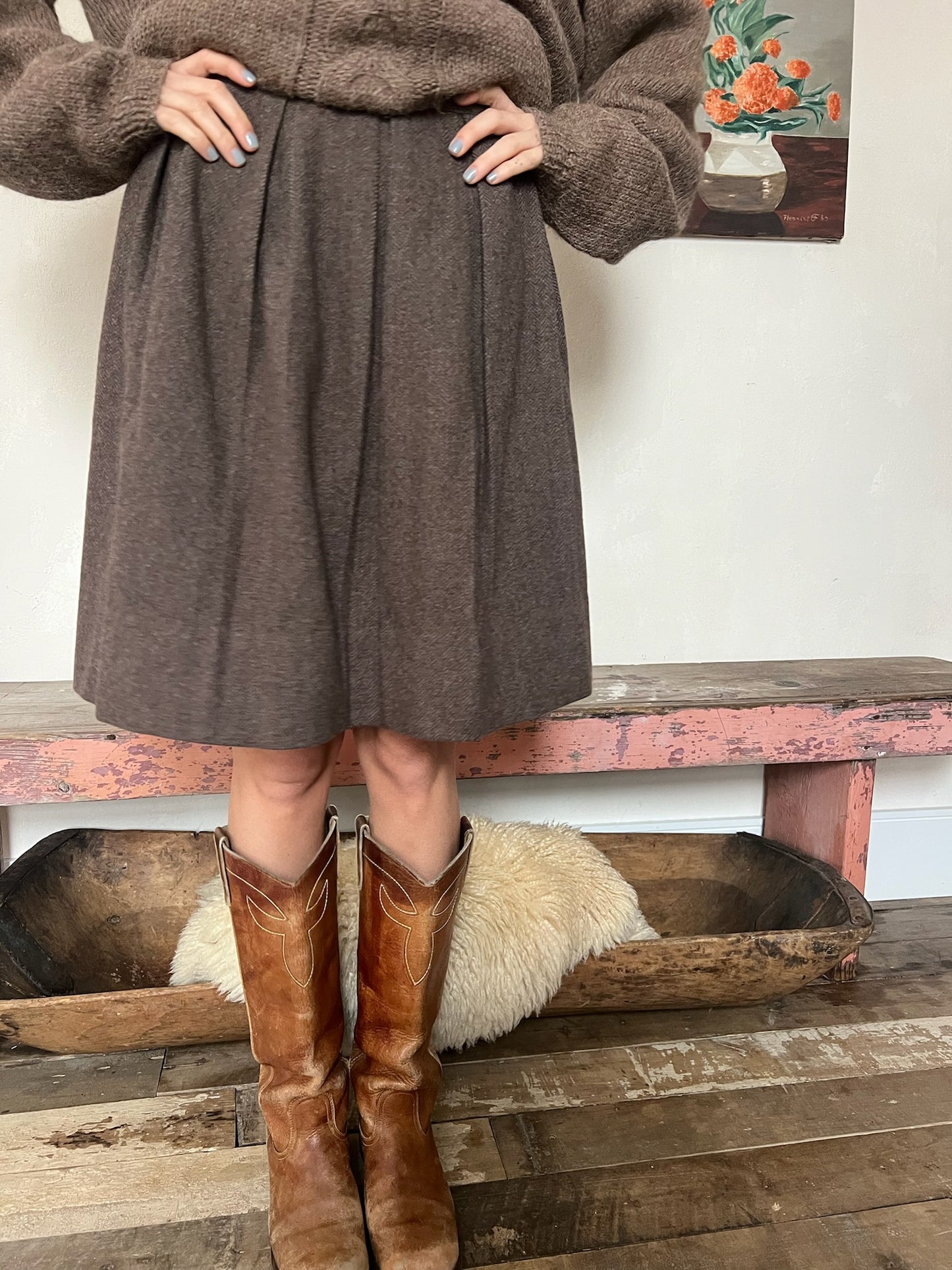 Brown Wool Twill Pleated Kilt