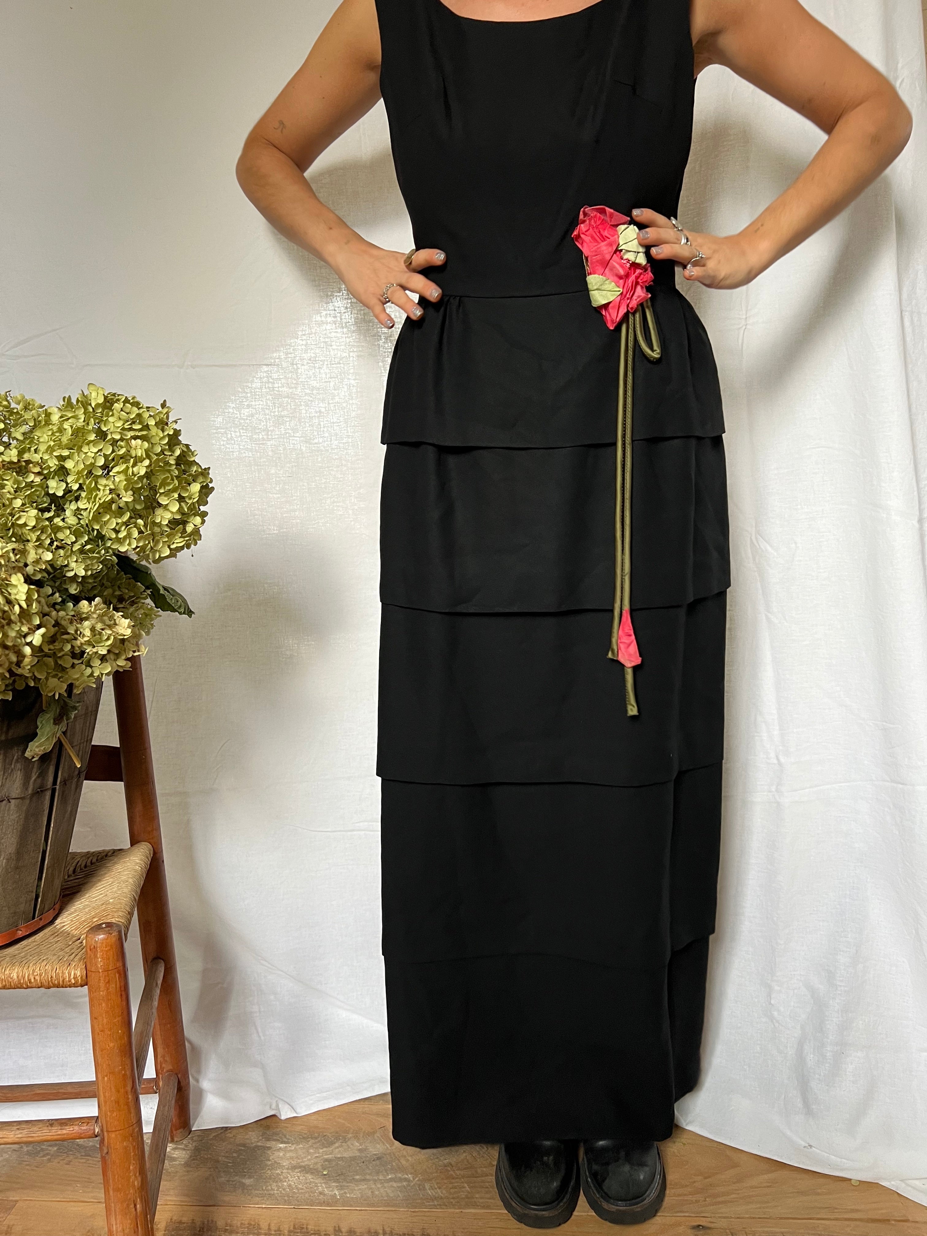 Long Black Ruffle Dress with Flower
