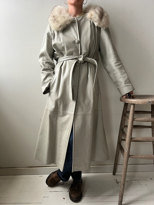 Stone Grey Leather Trench w Fur Collar