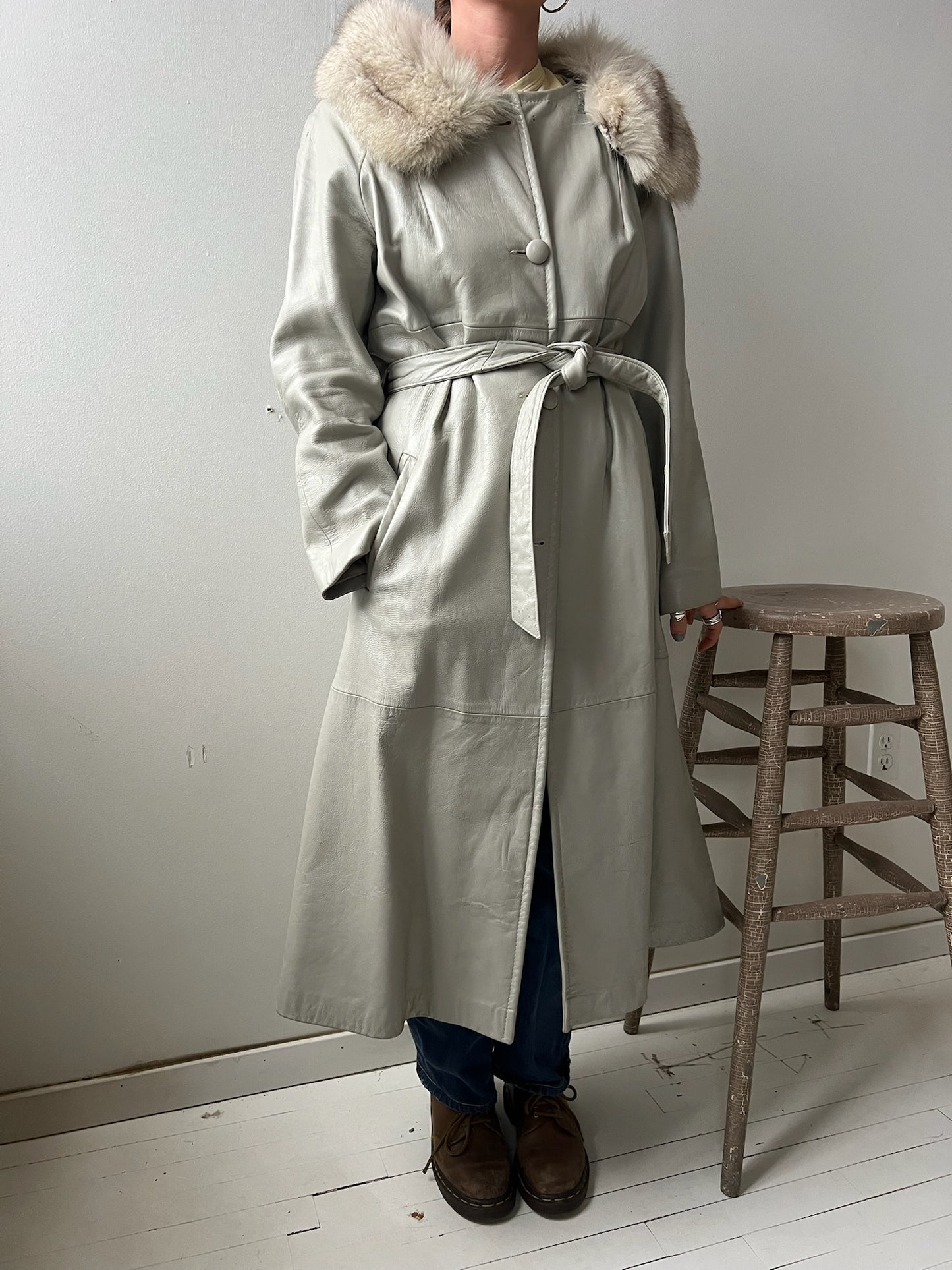 Stone Grey Leather Trench w Fur Collar