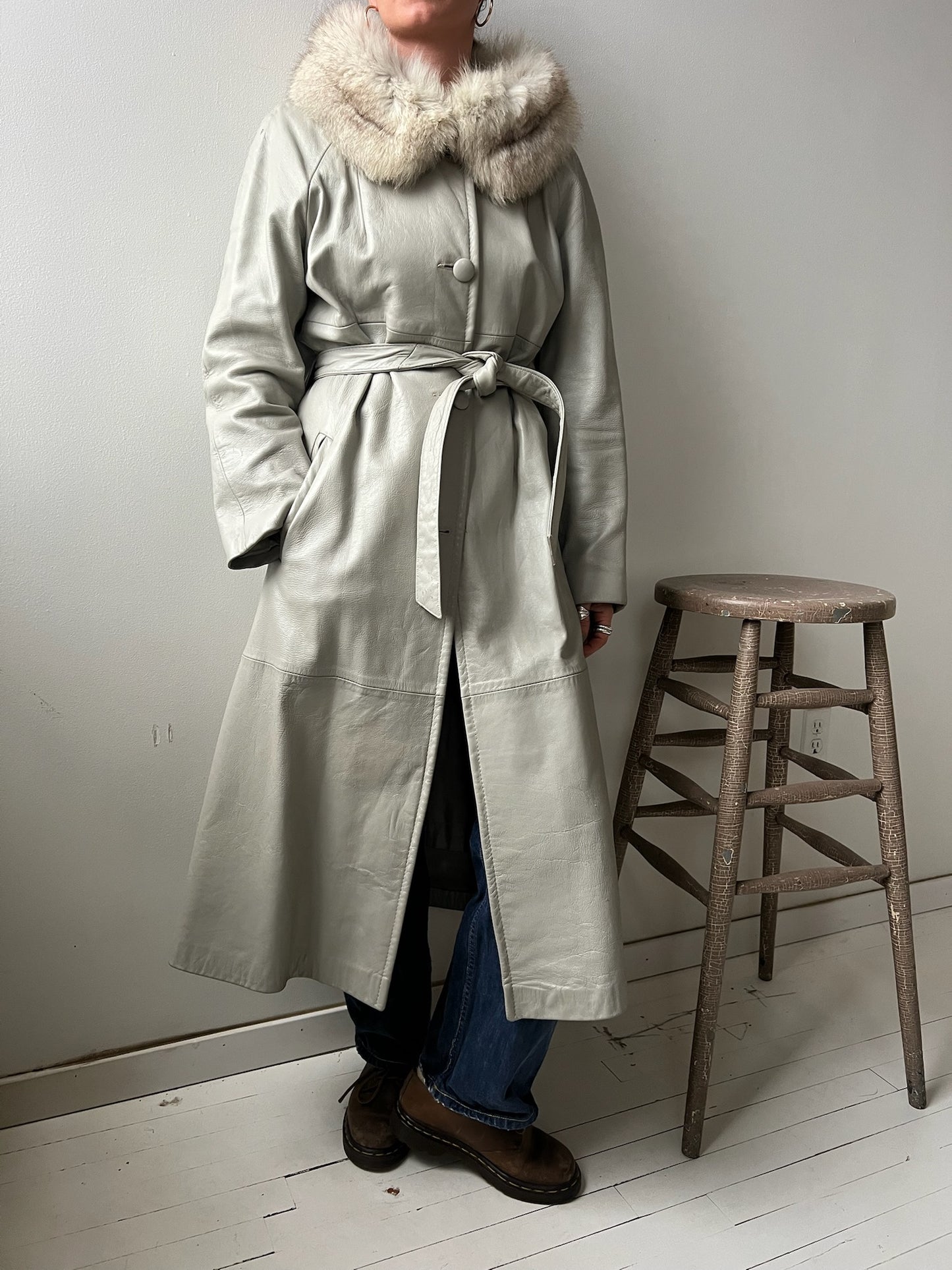 Stone Grey Leather Trench w Fur Collar