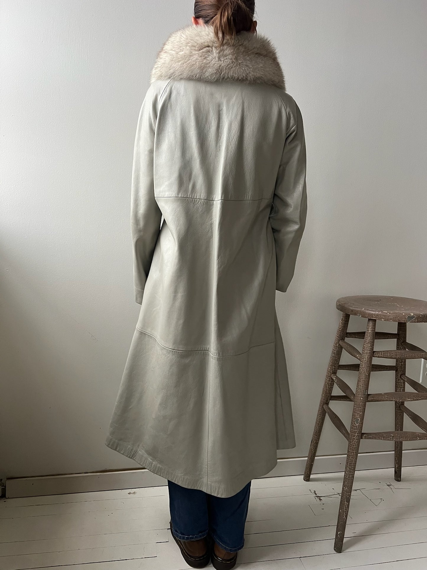 Stone Grey Leather Trench w Fur Collar