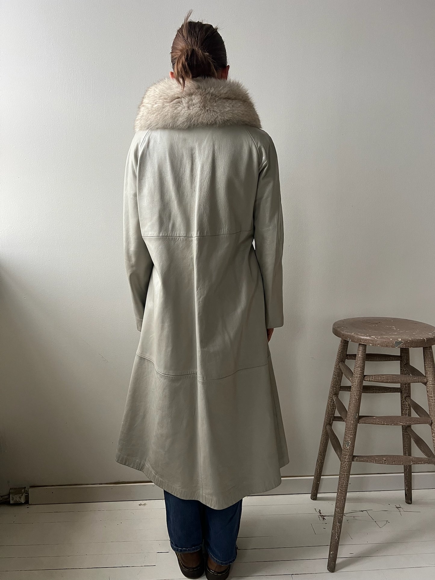 Stone Grey Leather Trench w Fur Collar