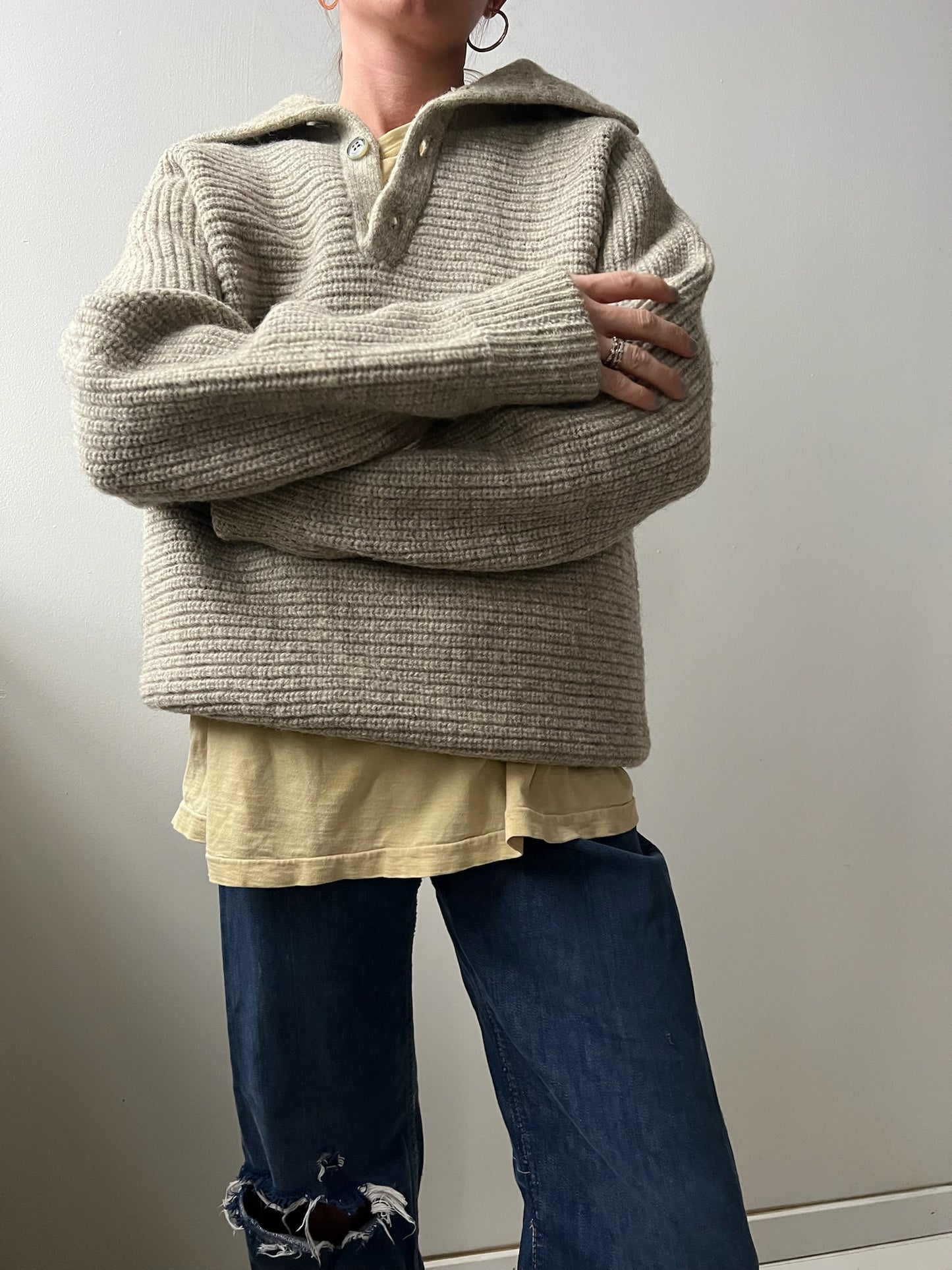 Oatmeal Ribbed Knit Pullover