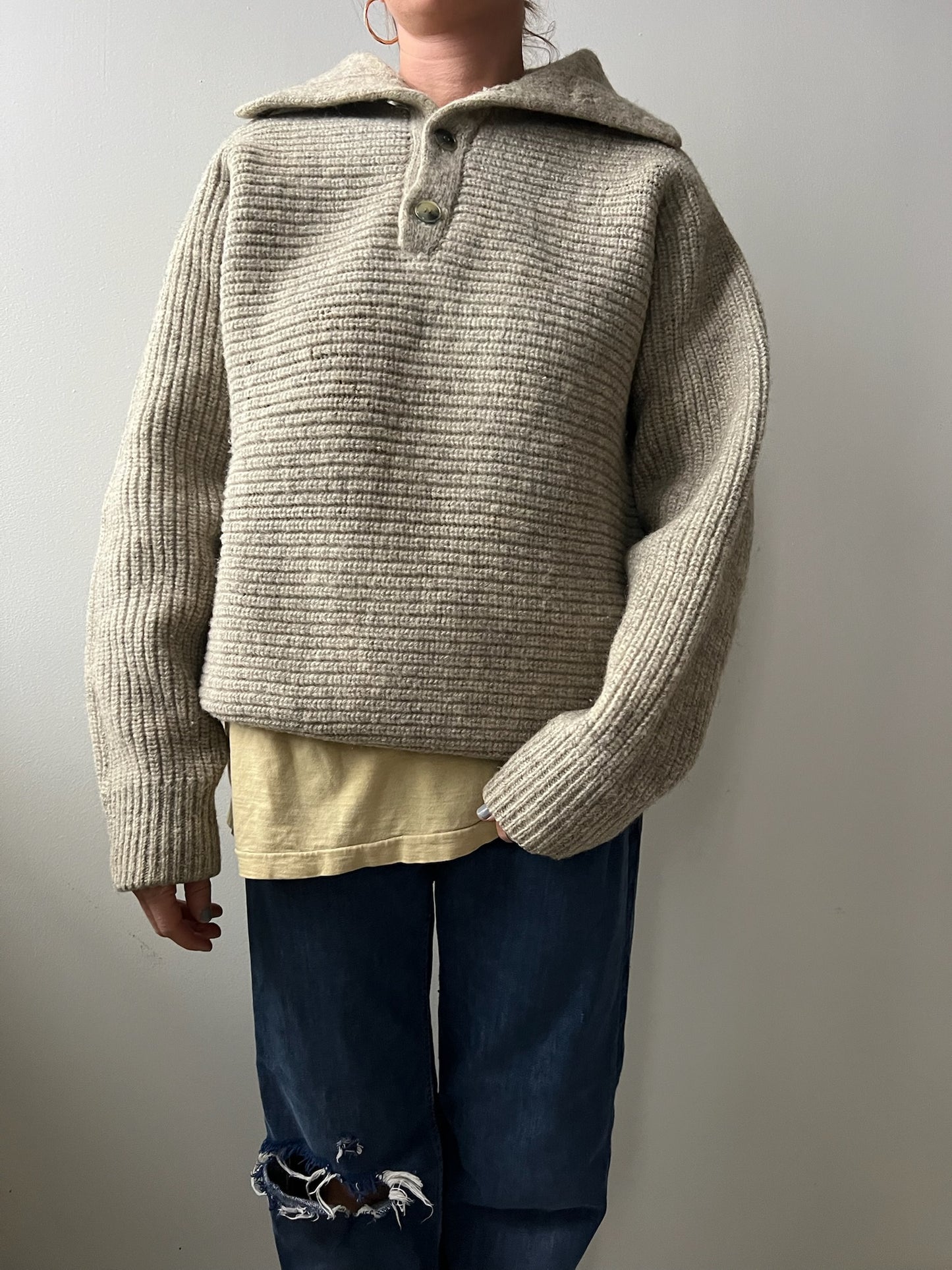 Oatmeal Ribbed Knit Pullover