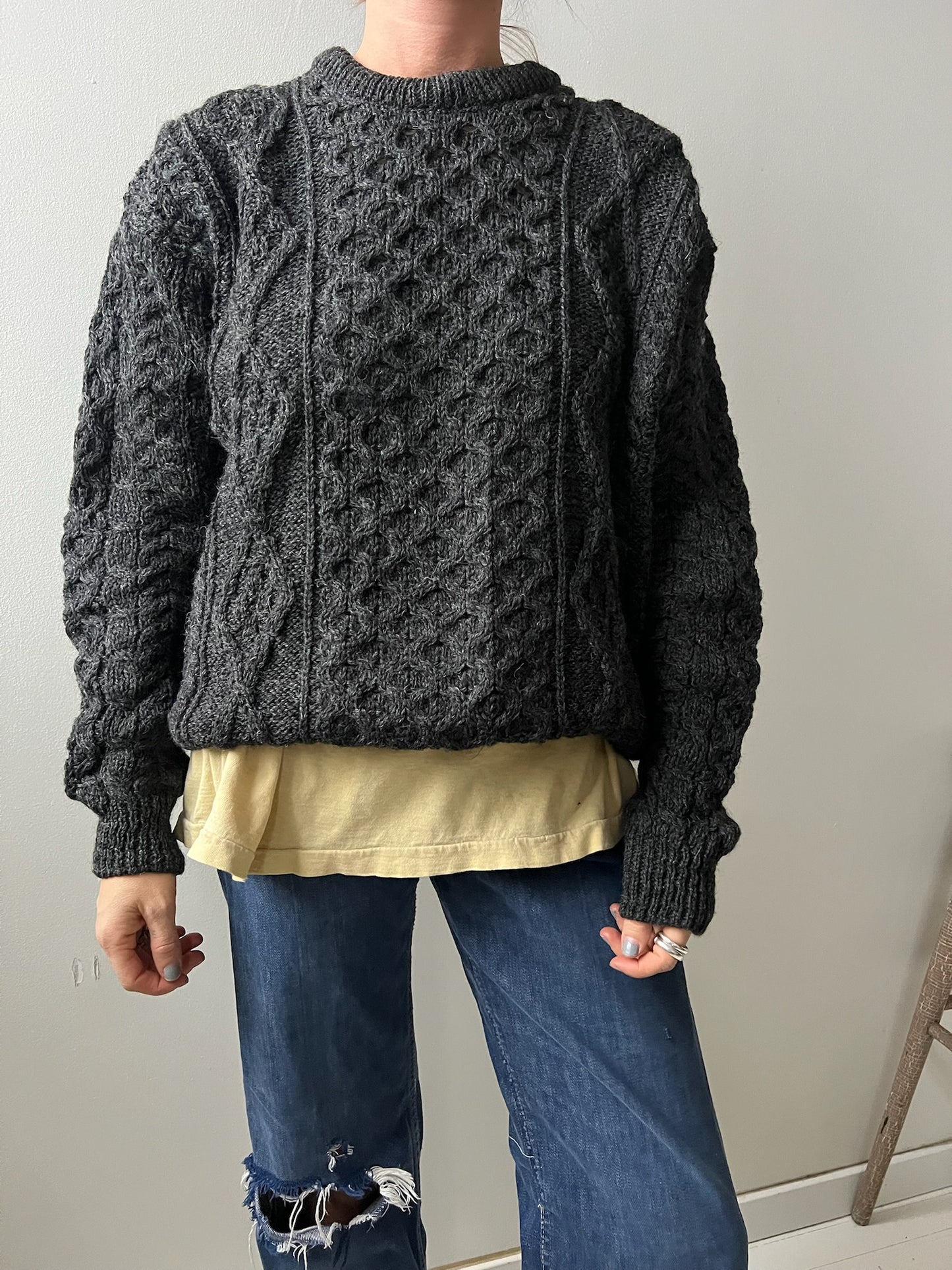 Dark Charcoal Grey Aran Wool Sweater