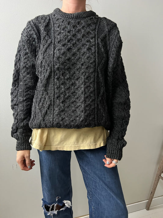 Dark Charcoal Grey Aran Wool Sweater