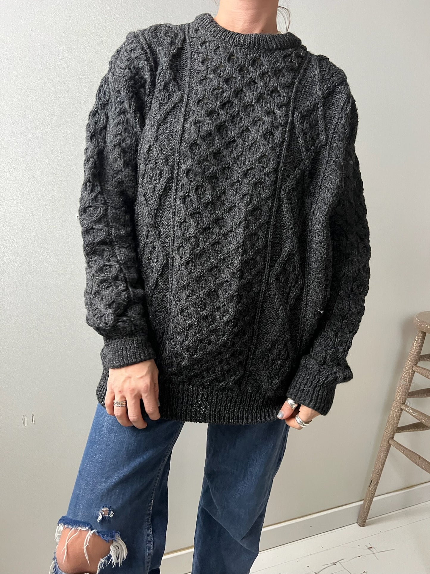 Dark Charcoal Grey Aran Wool Sweater
