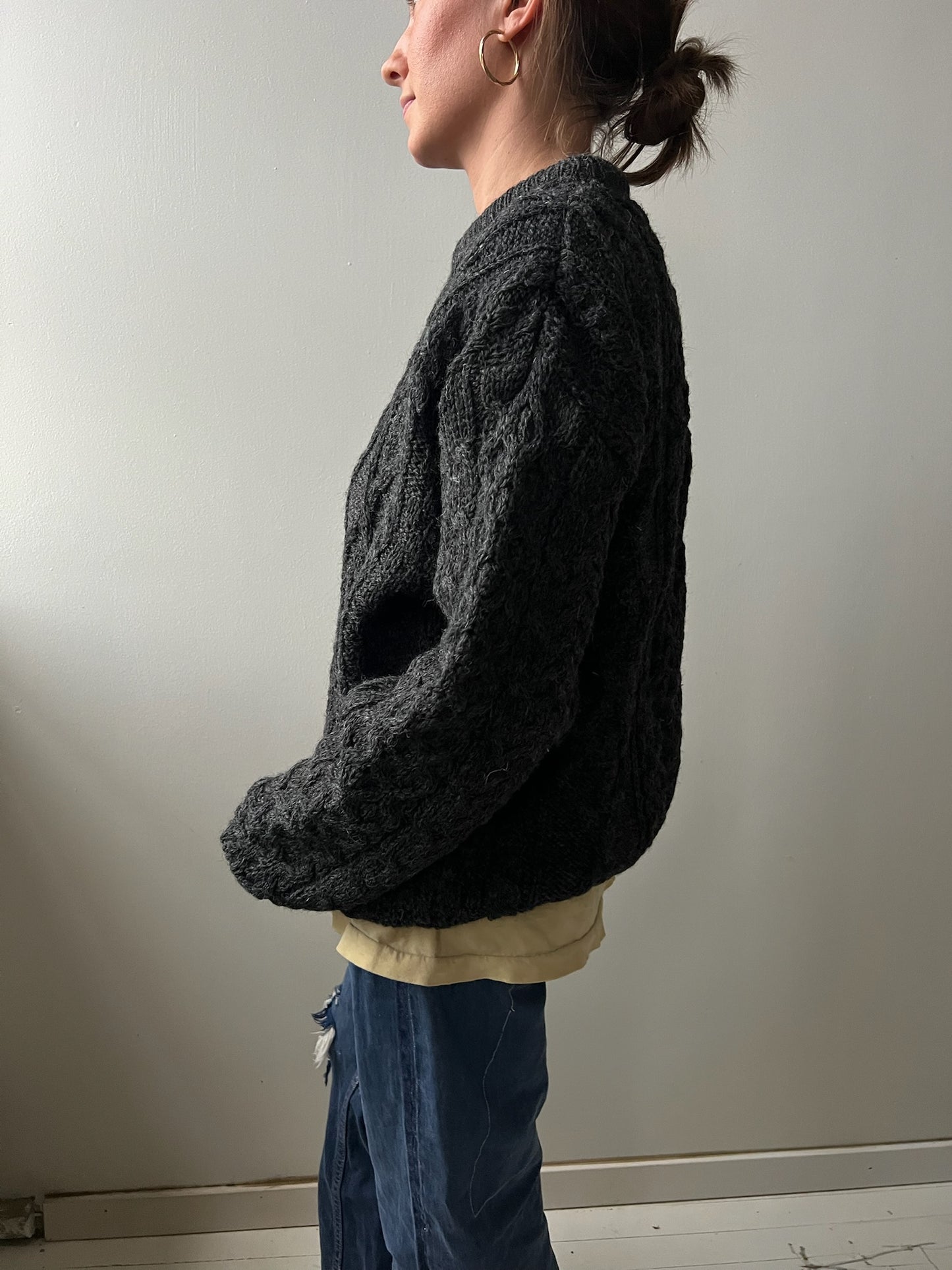 Dark Charcoal Grey Aran Wool Sweater