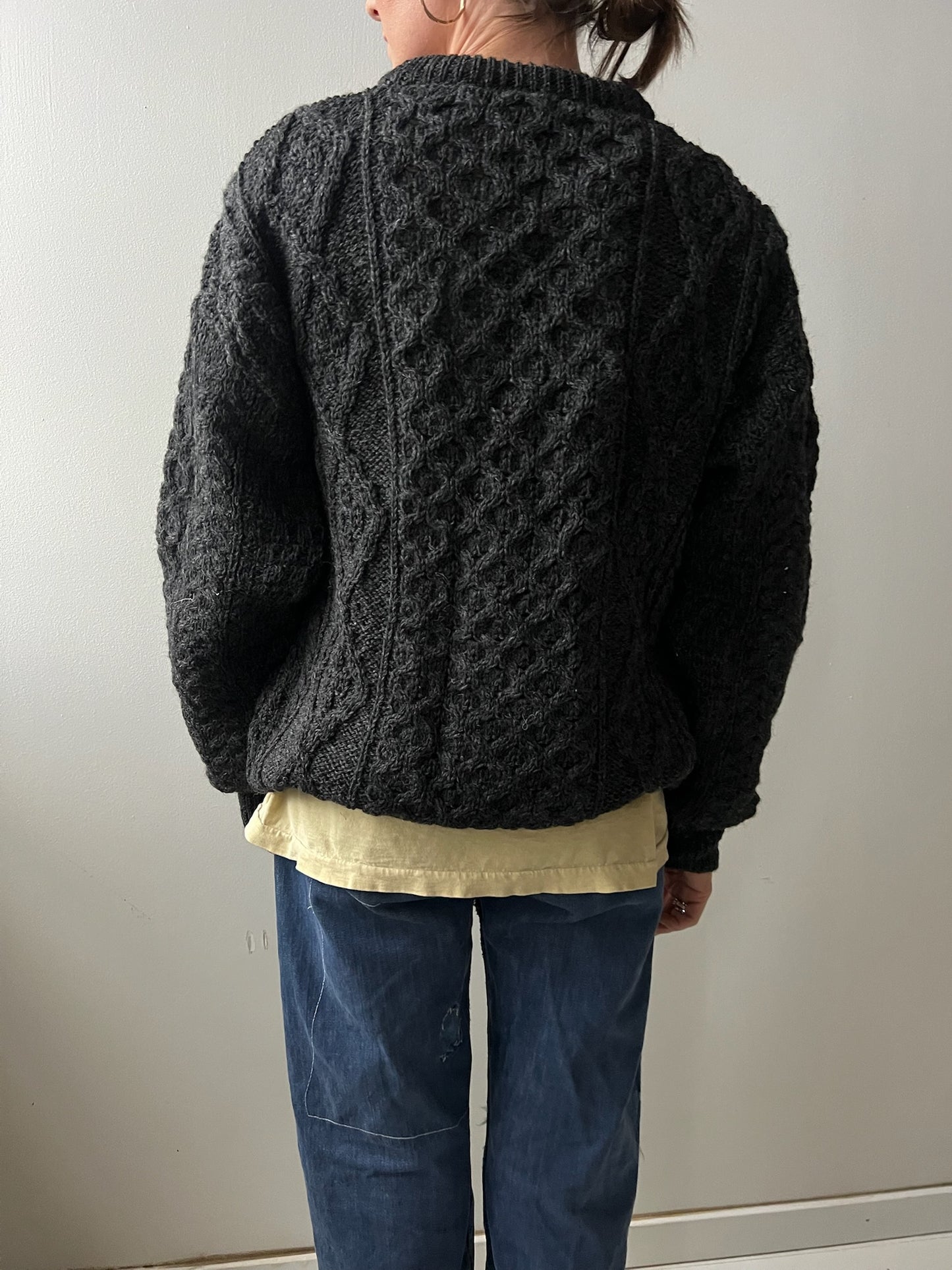 Dark Charcoal Grey Aran Wool Sweater