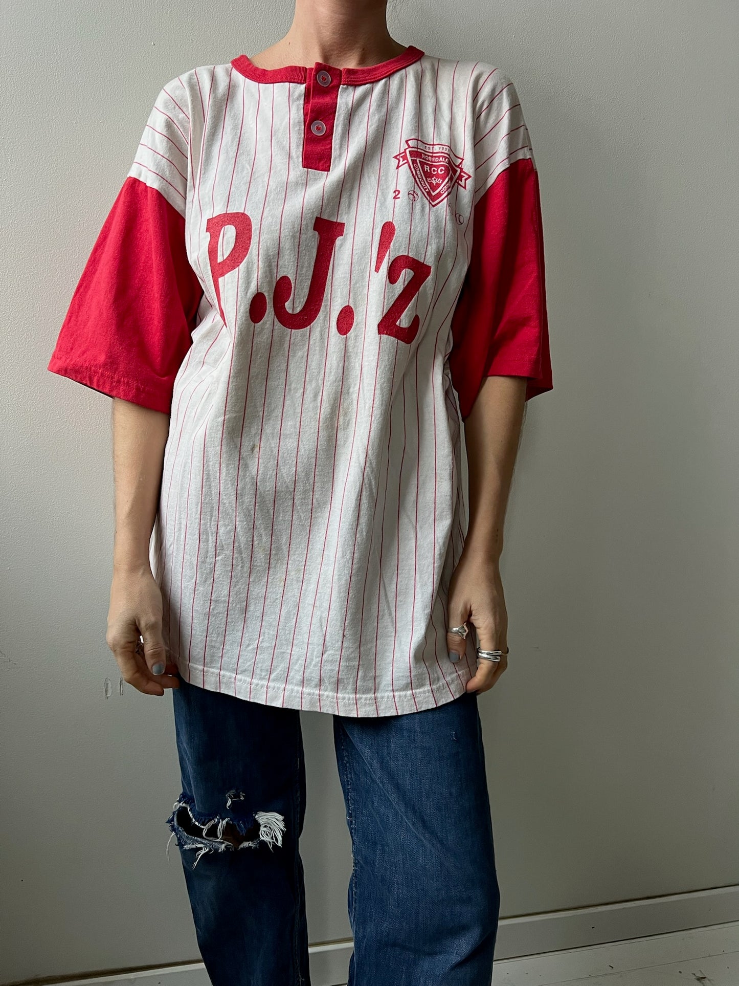 Pj’z Red Pinstripe Baseball Tee