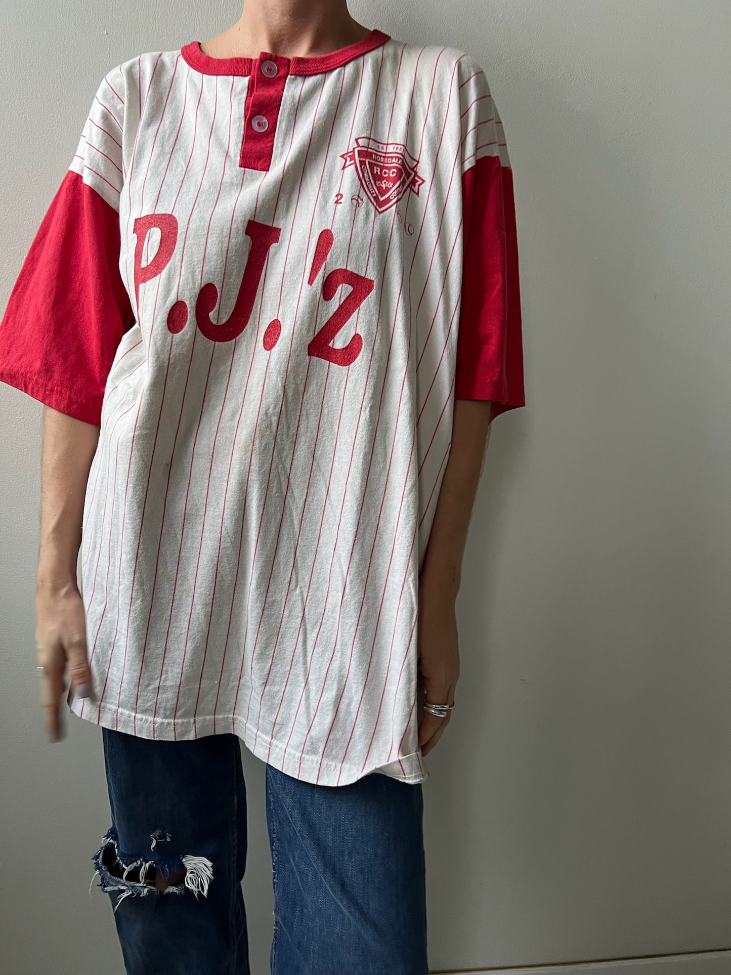 Pj’z Red Pinstripe Baseball Tee