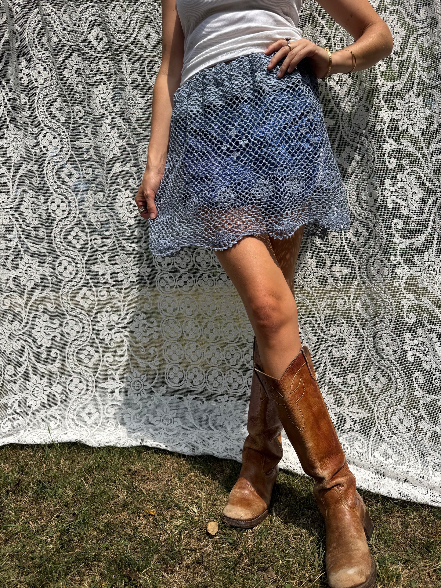 Sky Blue Crochet Mini Skirt