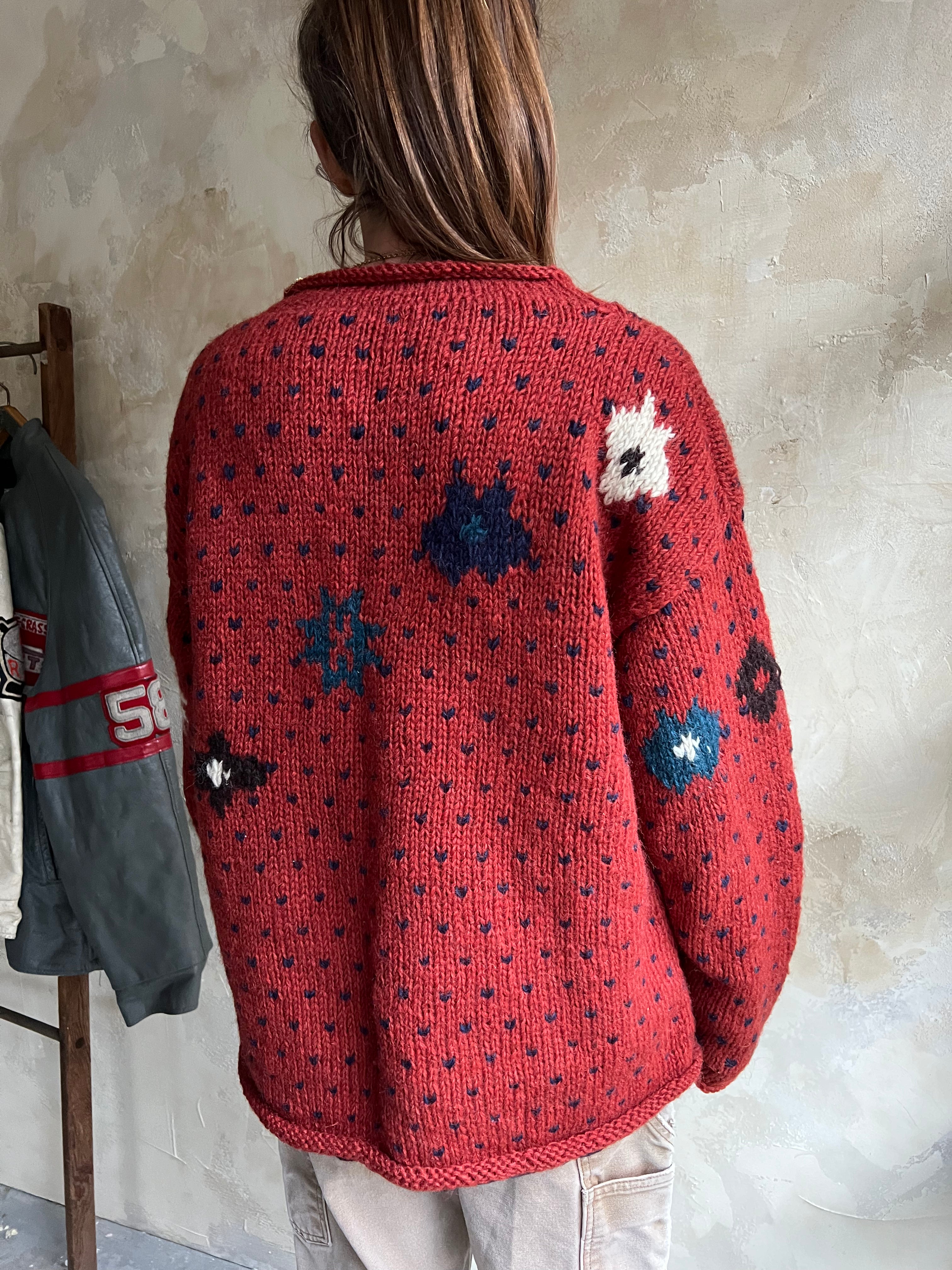 Rust Polka Dot Sweater with Flowers + Hearts