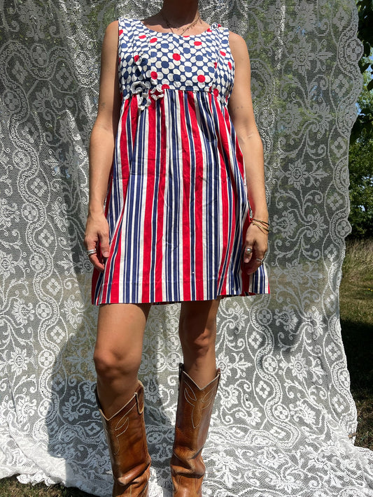 60s Red + Blue + White Striped Floral Mini