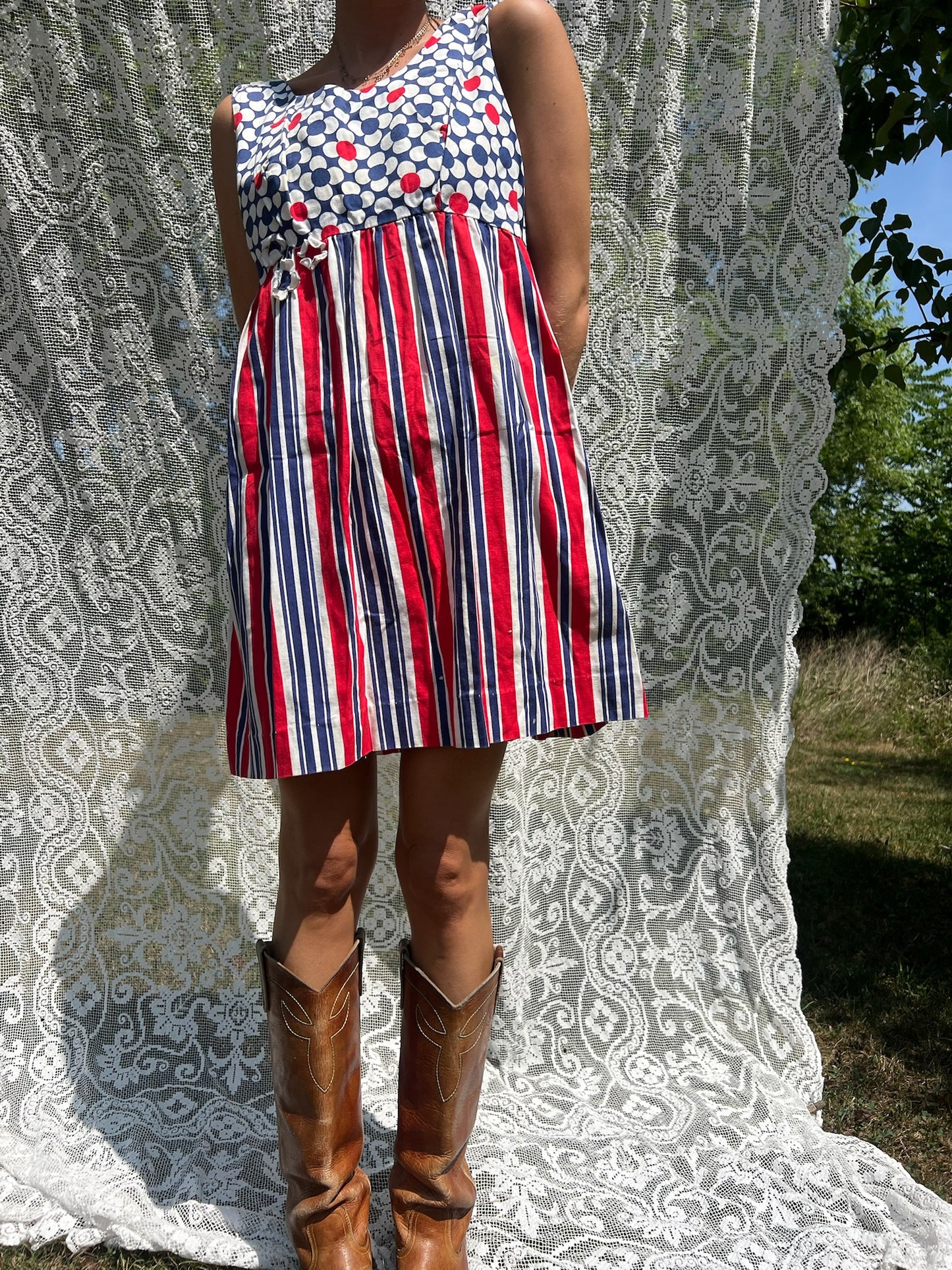 60s Red + Blue + White Striped Floral Mini